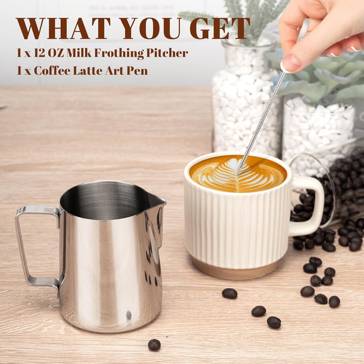 Milk Frothing Pitcher, 12oz Milk Frother Cup with Clear Scale, 304 Stainless Steel Cappuccino Espresso Machine Accessories for Barista Coffee Bar with Latte Art Pen, Silver - Image 3