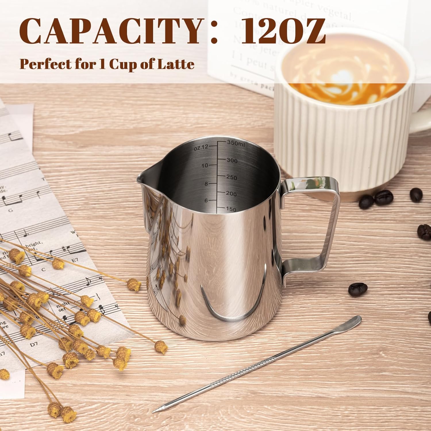 Milk Frothing Pitcher, 12oz Milk Frother Cup with Clear Scale, 304 Stainless Steel Cappuccino Espresso Machine Accessories for Barista Coffee Bar with Latte Art Pen, Silver - Image 4