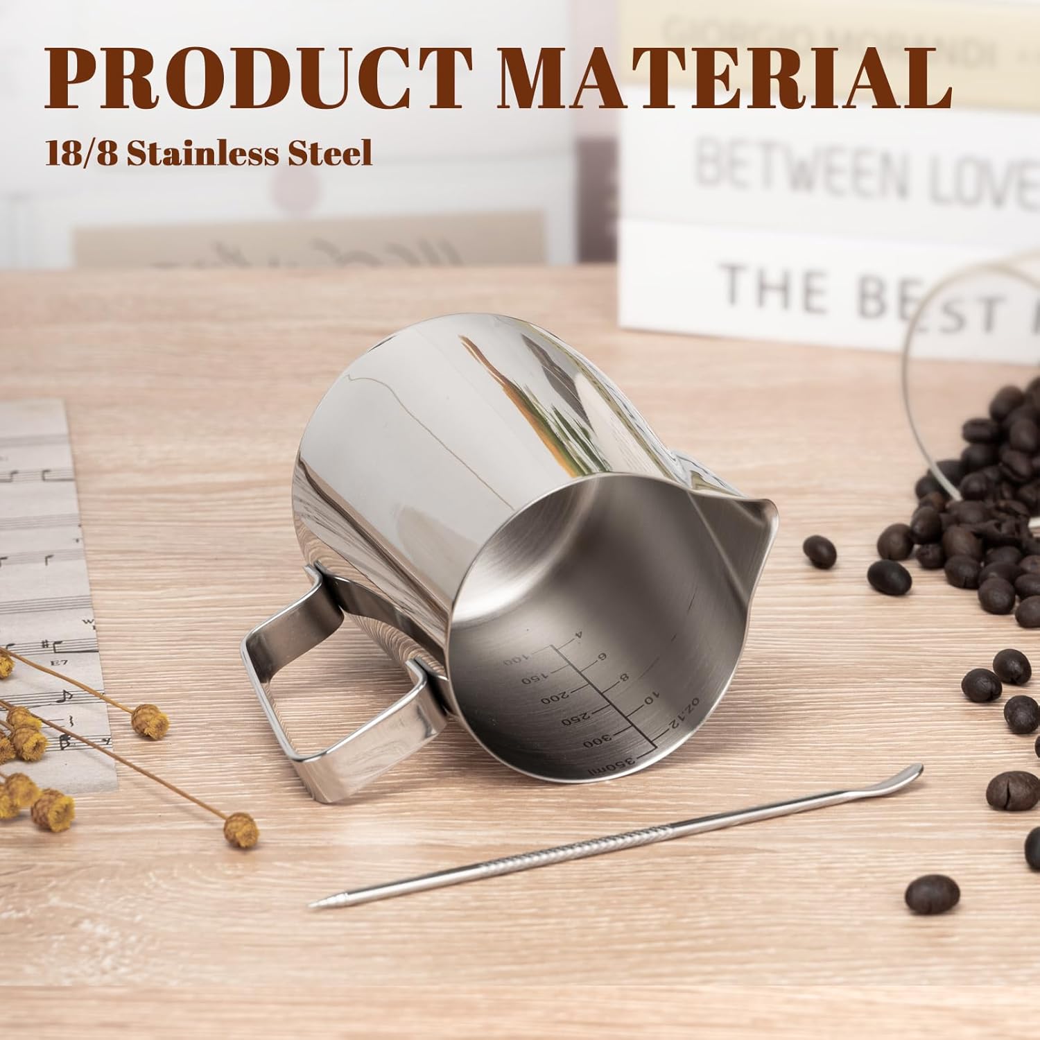 Milk Frothing Pitcher, 12oz Milk Frother Cup with Clear Scale, 304 Stainless Steel Cappuccino Espresso Machine Accessories for Barista Coffee Bar with Latte Art Pen, Silver - Image 5