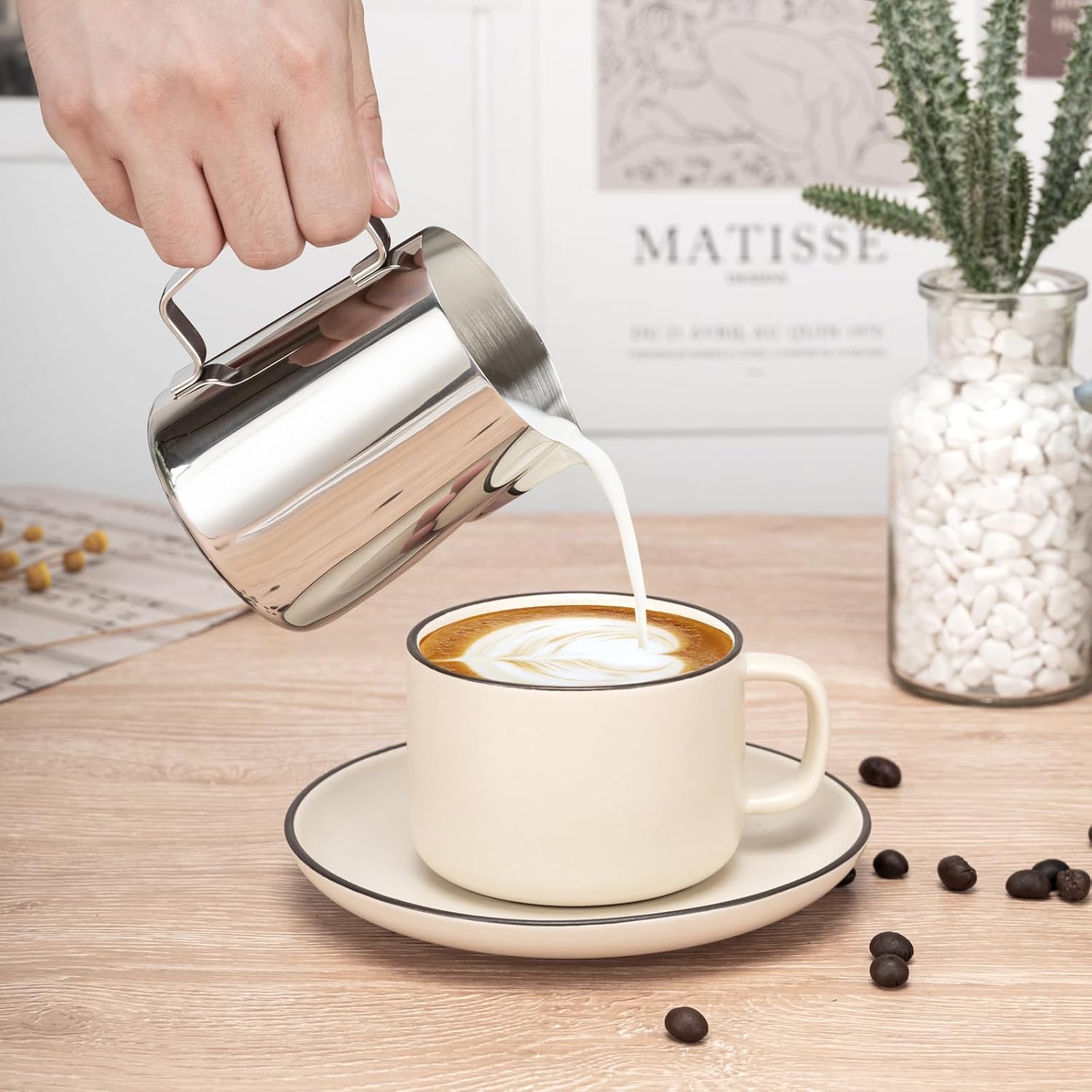 Milk Frothing Pitcher, 12oz Milk Frother Cup with Clear Scale, 304 Stainless Steel Cappuccino Espresso Machine Accessories for Barista Coffee Bar with Latte Art Pen, Silver - Image 7