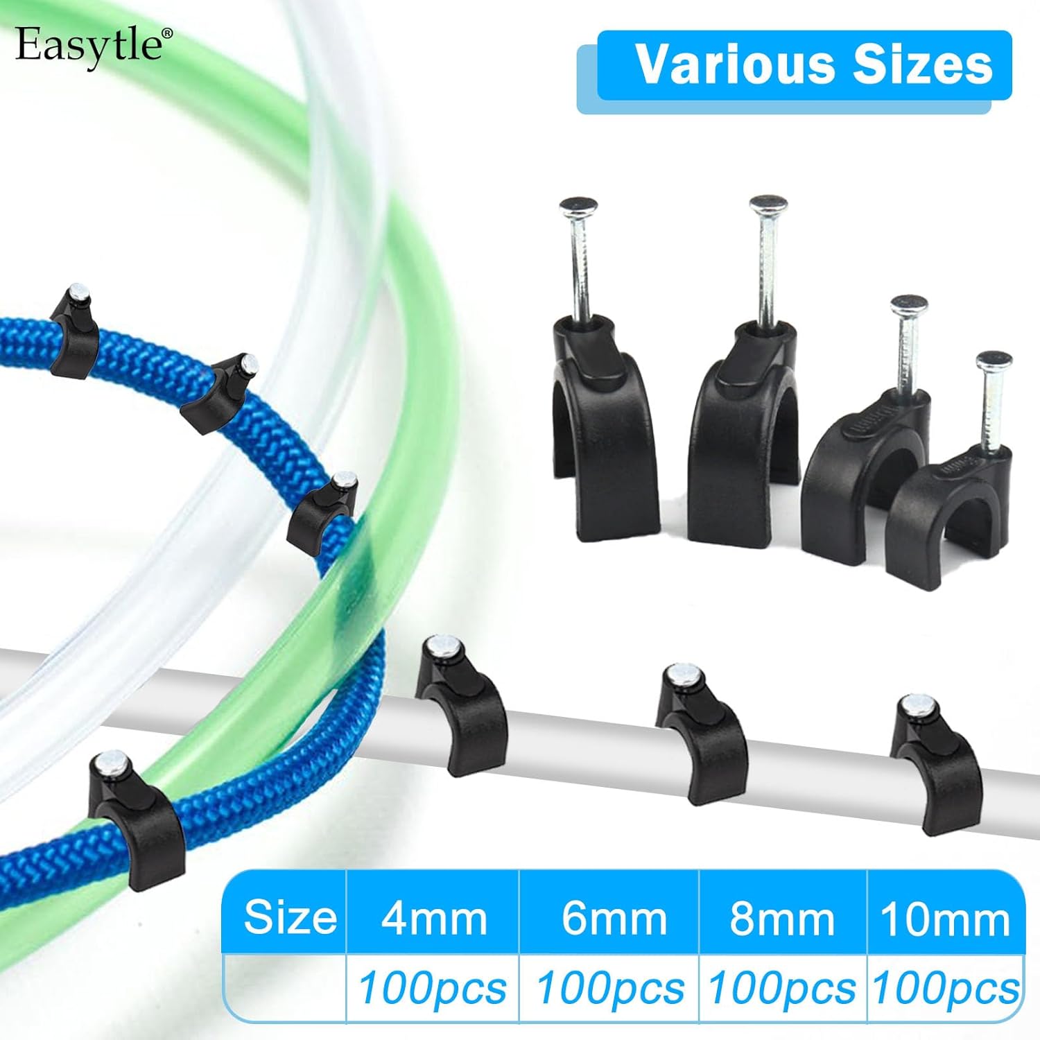 400pcs Black Cable Clips 4/6/8/10mm Cable Wire Clips Nail in Cable Clips Cable Tacks Coaxial Nail Clamps Cable Nails for Cords Cable Management RG6 RG59 CAT6 RJ45 Ethernet Cable Clips Coax Clamps - Image 5