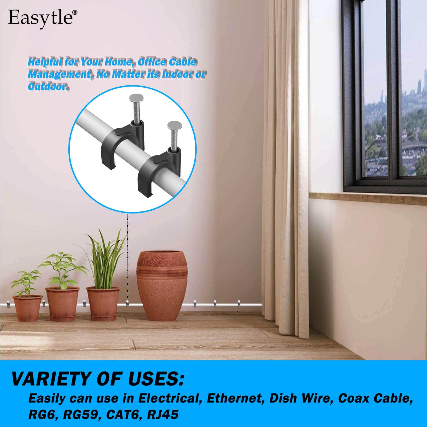 400pcs Black Cable Clips 4/6/8/10mm Cable Wire Clips Nail in Cable Clips Cable Tacks Coaxial Nail Clamps Cable Nails for Cords Cable Management RG6 RG59 CAT6 RJ45 Ethernet Cable Clips Coax Clamps - Image 7