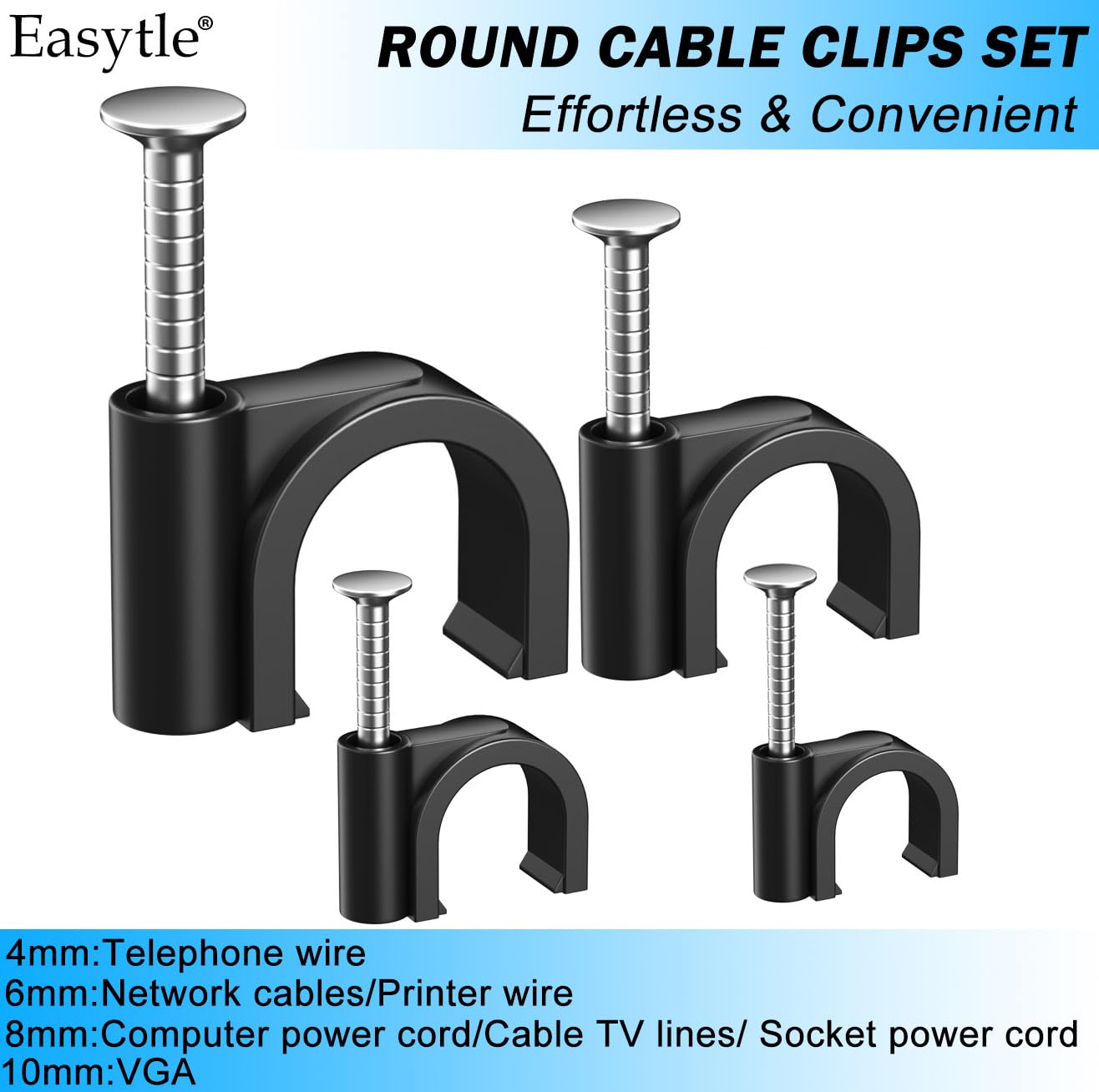 400pcs Black Cable Clips 4/6/8/10mm Cable Wire Clips Nail in Cable Clips Cable Tacks Coaxial Nail Clamps Cable Nails for Cords Cable Management RG6 RG59 CAT6 RJ45 Ethernet Cable Clips Coax Clamps - Image 8