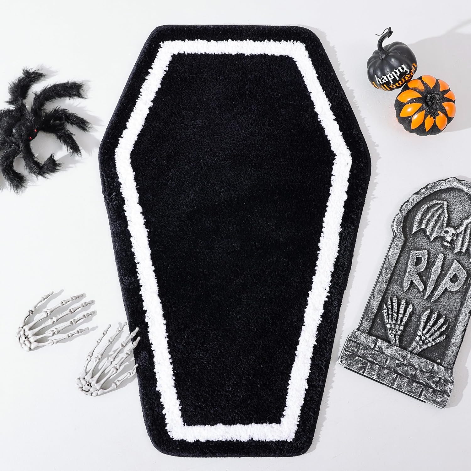 Halloween Decor Black Coffin Bath Mat for Bathroom, Cute Gothic Halloween Decoration Black Bathroom Rug Non Slip Cartoon Bath Rug Bathroom Mat Plush Shower Rugs Washable Black White - Image 1