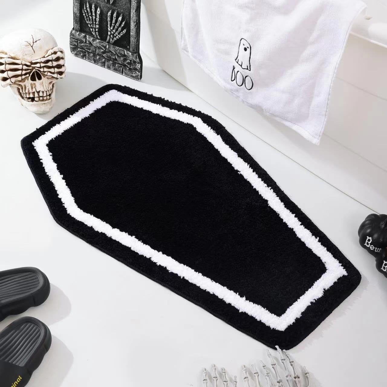 Halloween Decor Black Coffin Bath Mat for Bathroom, Cute Gothic Halloween Decoration Black Bathroom Rug Non Slip Cartoon Bath Rug Bathroom Mat Plush Shower Rugs Washable Black White - Image 3