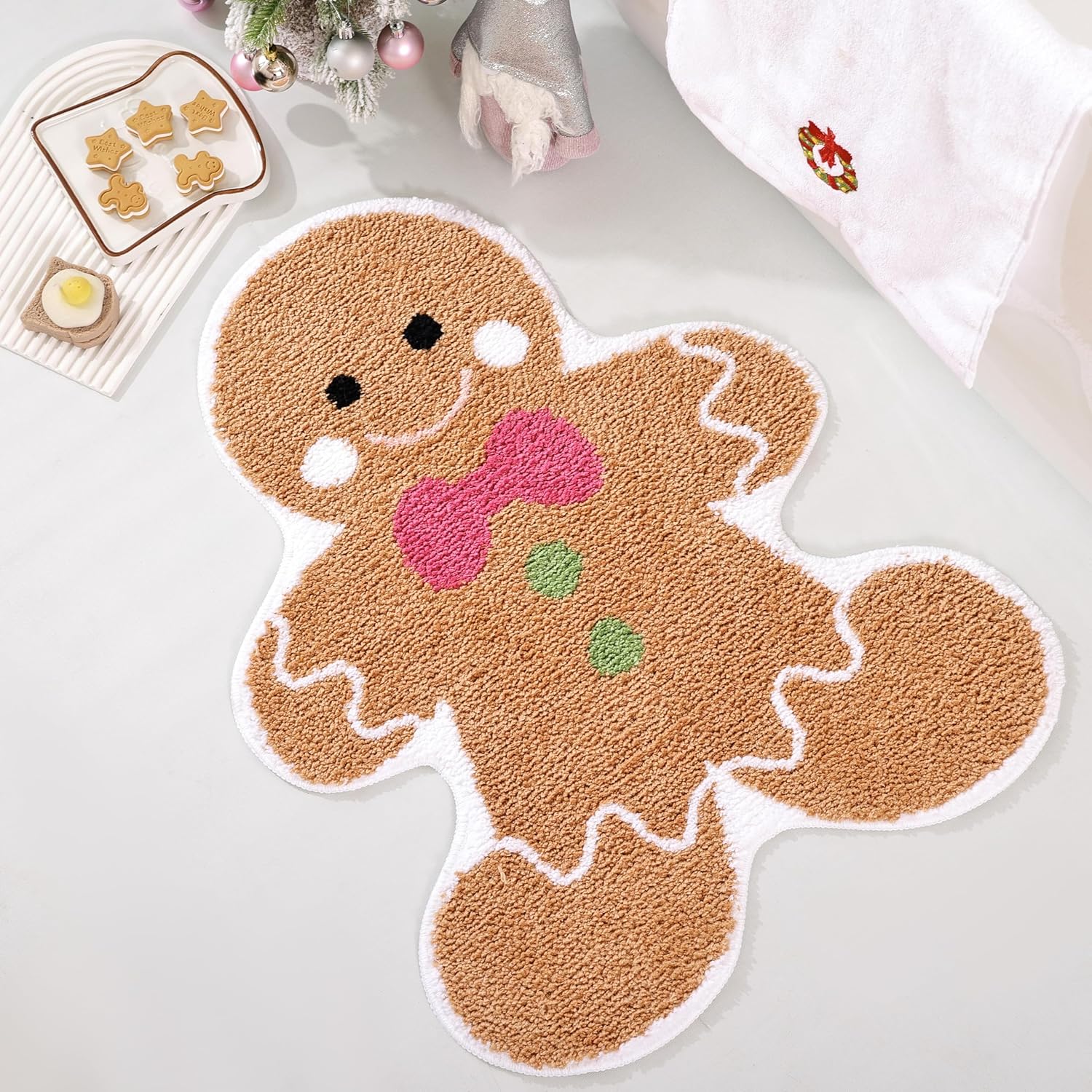 Cute Gingerbread Bath Mat for Bathroom Soft Water Absorbing Bath Rug with Non Slip Backing Fun Washable Bathroom Rug for Christmas Decor - Image 1