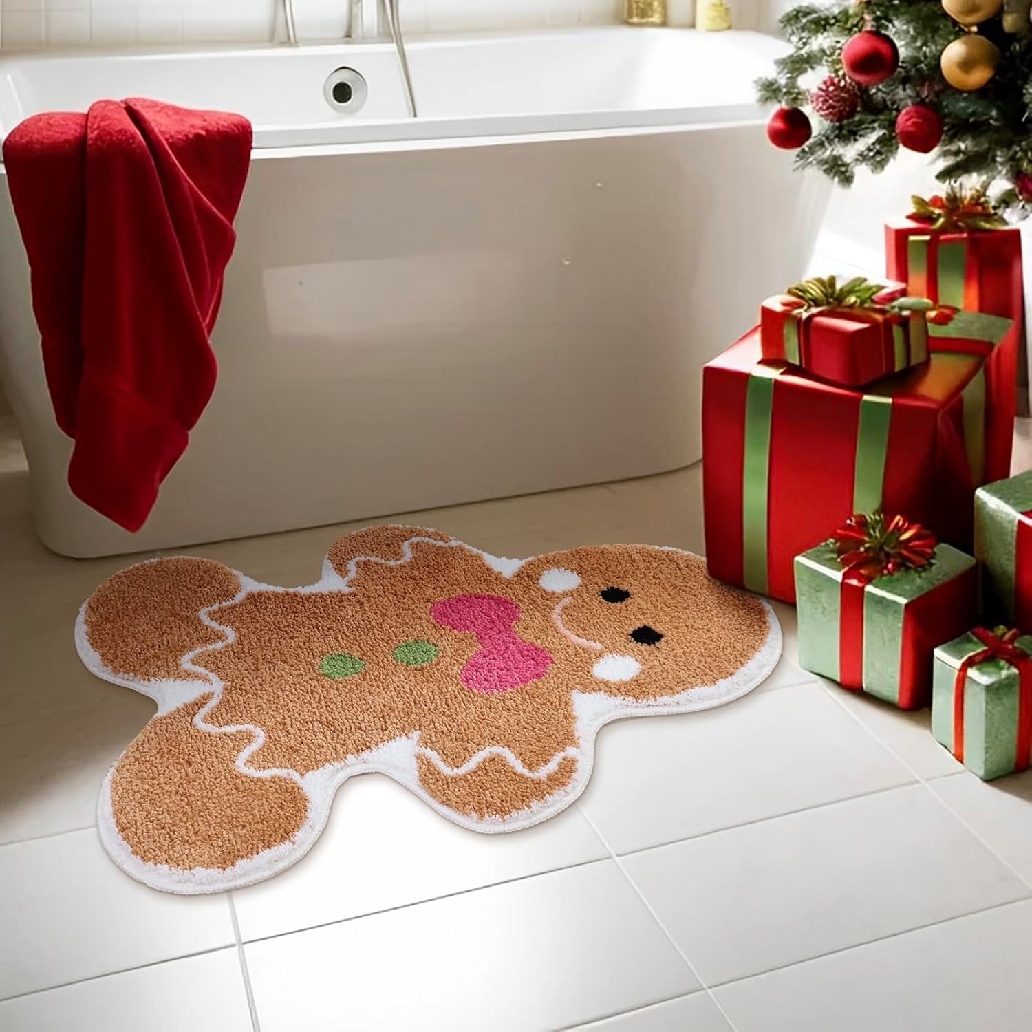 Cute Gingerbread Bath Mat for Bathroom Soft Water Absorbing Bath Rug with Non Slip Backing Fun Washable Bathroom Rug for Christmas Decor - Image 6