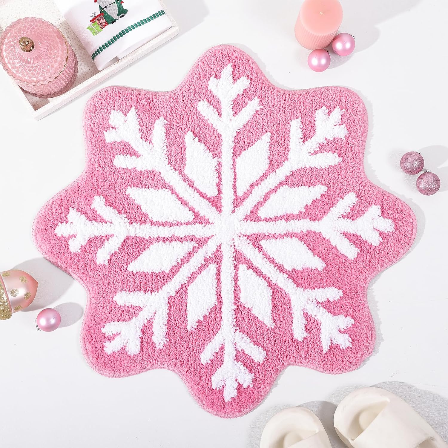Pink Christmas Decor Snowflake Bathroom Rug, Snowflake Welcome Mat Non Slip Round Shaped Washable Bathtub Rug Bathroom Tub Kitchen Rug Decoration - Image 1