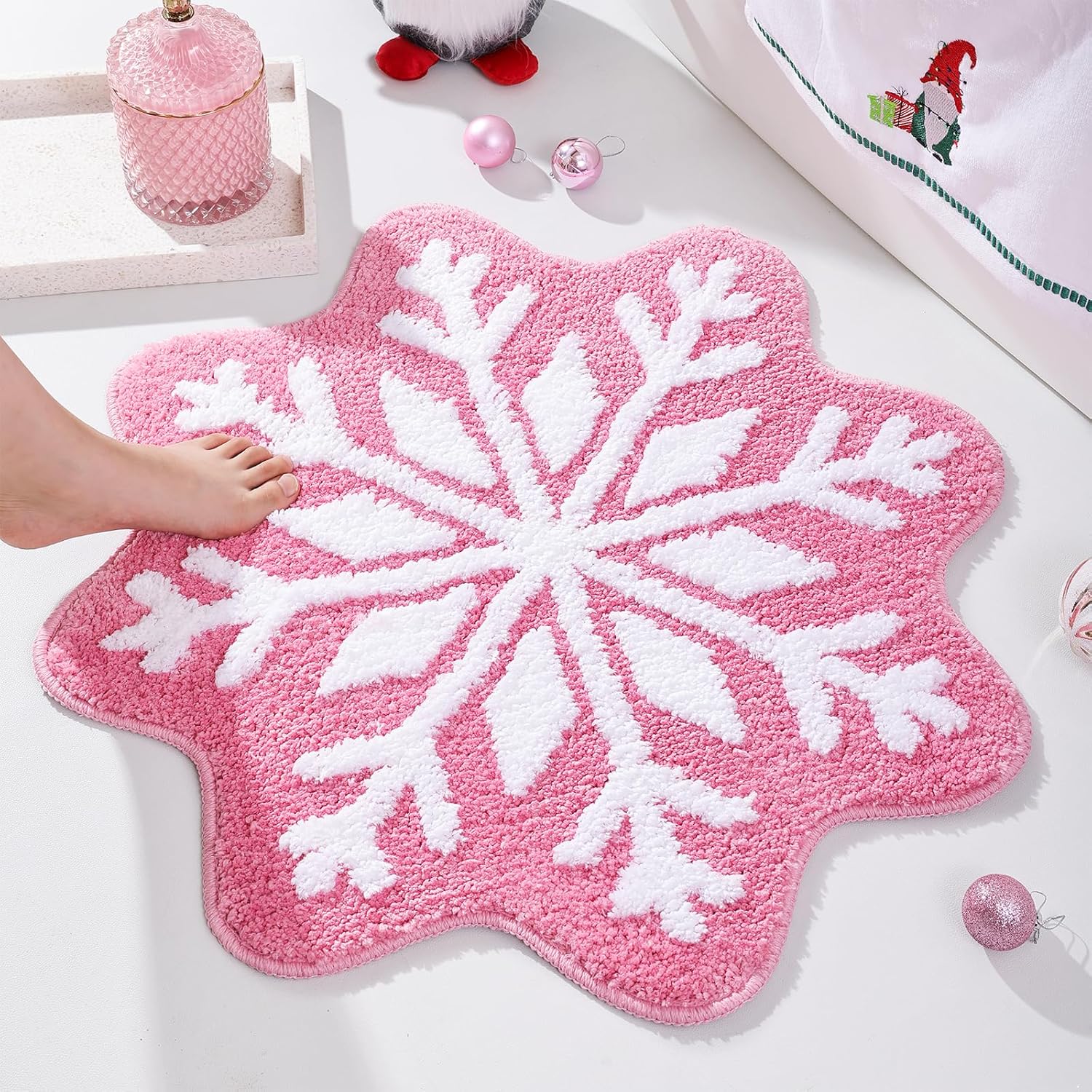 Pink Christmas Decor Snowflake Bathroom Rug, Snowflake Welcome Mat Non Slip Round Shaped Washable Bathtub Rug Bathroom Tub Kitchen Rug Decoration - Image 3