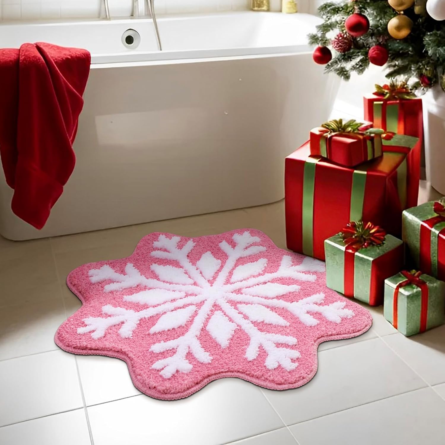 Pink Christmas Decor Snowflake Bathroom Rug, Snowflake Welcome Mat Non Slip Round Shaped Washable Bathtub Rug Bathroom Tub Kitchen Rug Decoration - Image 6