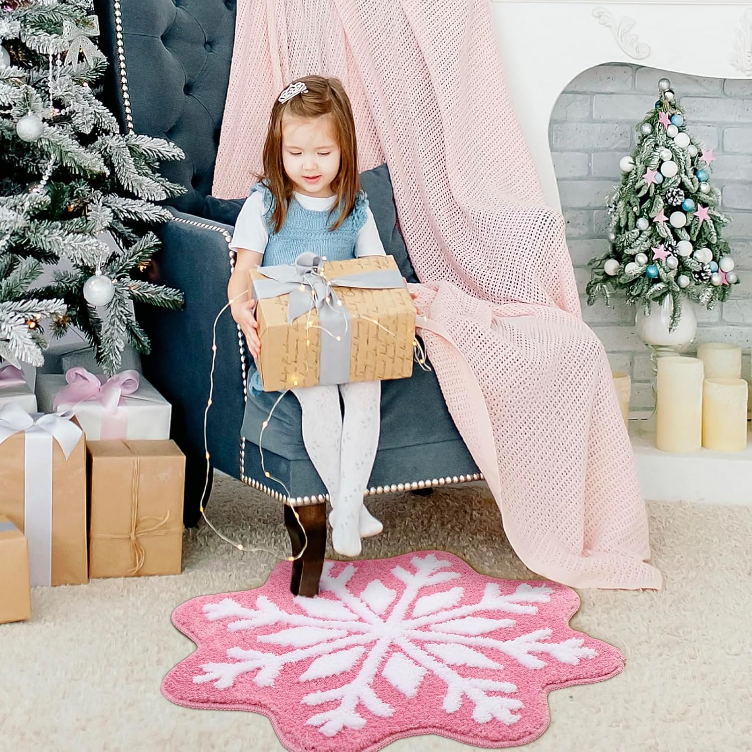 Pink Christmas Decor Snowflake Bathroom Rug, Snowflake Welcome Mat Non Slip Round Shaped Washable Bathtub Rug Bathroom Tub Kitchen Rug Decoration - Image 7