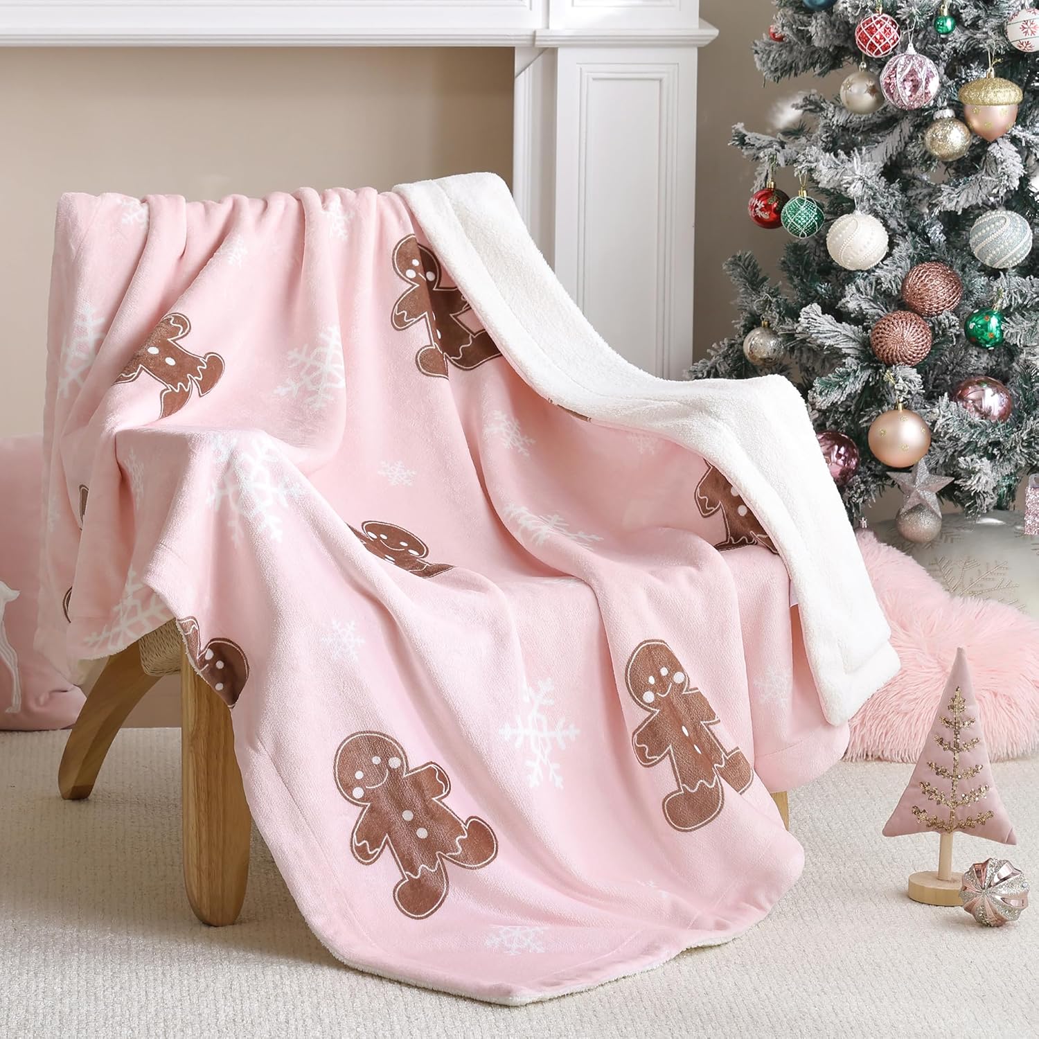 Pink Throw Blanket - Christmas Fluffy Blanket with Gingerbread and Snowflake Pattern - Reversible Sherpa Fleece Soft Blanket - Cozy Lightweight Throw Blanket for Couch Bed Sofa, 50x60 Inches - Image 1