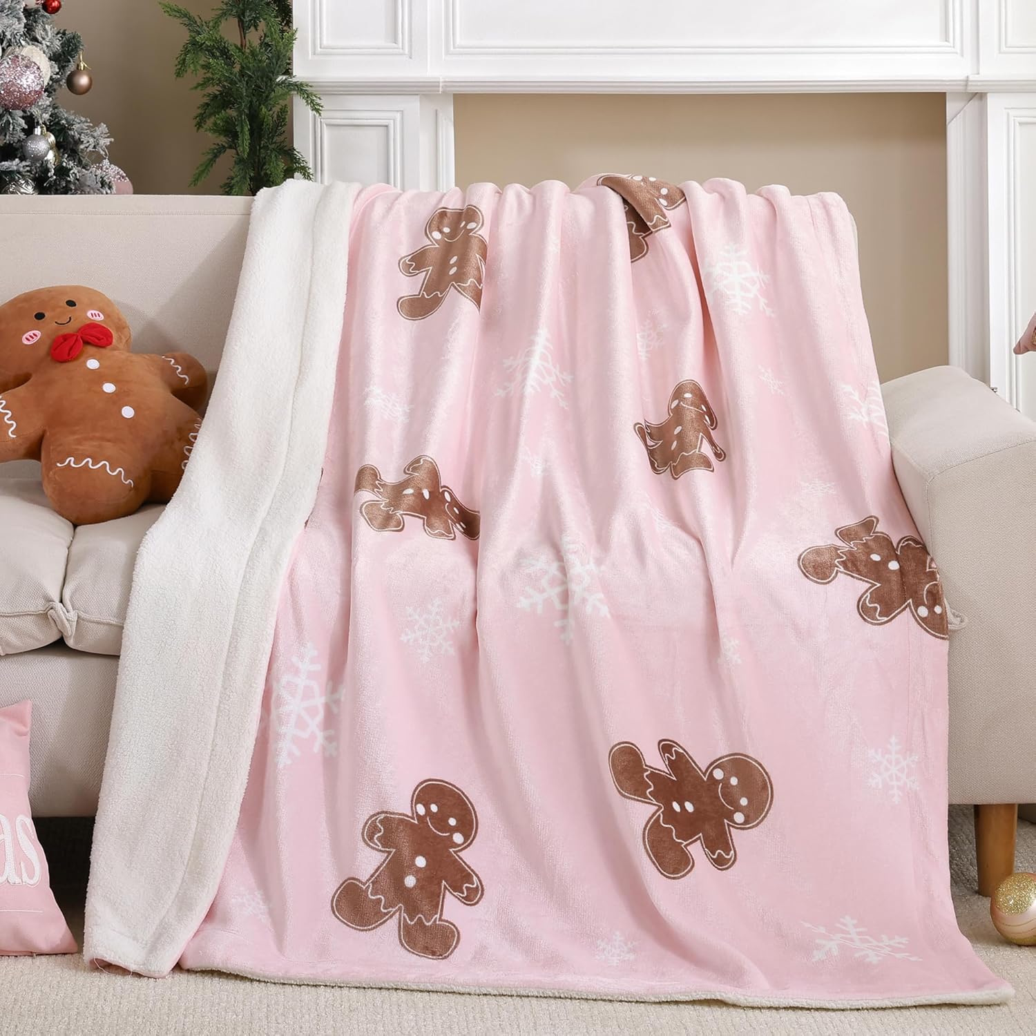 Pink Throw Blanket - Christmas Fluffy Blanket with Gingerbread and Snowflake Pattern - Reversible Sherpa Fleece Soft Blanket - Cozy Lightweight Throw Blanket for Couch Bed Sofa, 50x60 Inches - Image 3