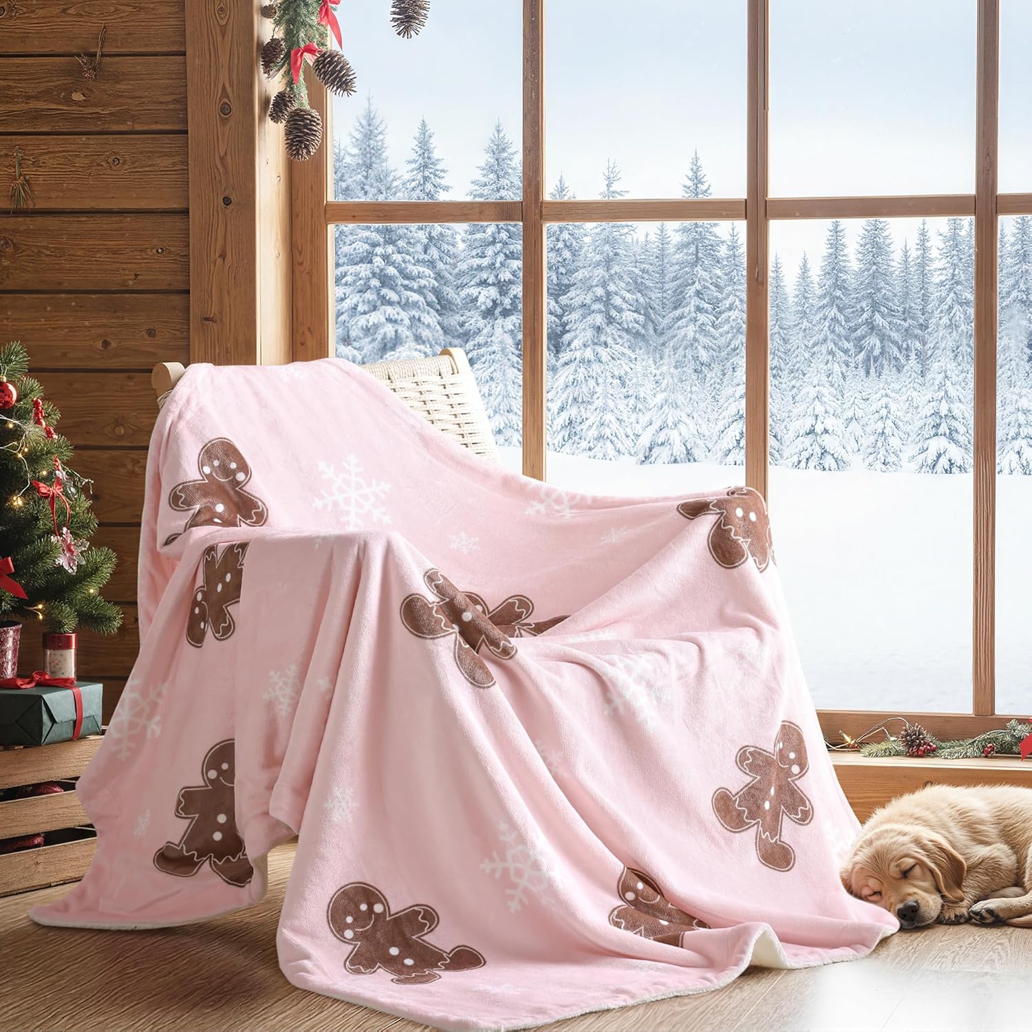 Pink Throw Blanket - Christmas Fluffy Blanket with Gingerbread and Snowflake Pattern - Reversible Sherpa Fleece Soft Blanket - Cozy Lightweight Throw Blanket for Couch Bed Sofa, 50x60 Inches - Image 4