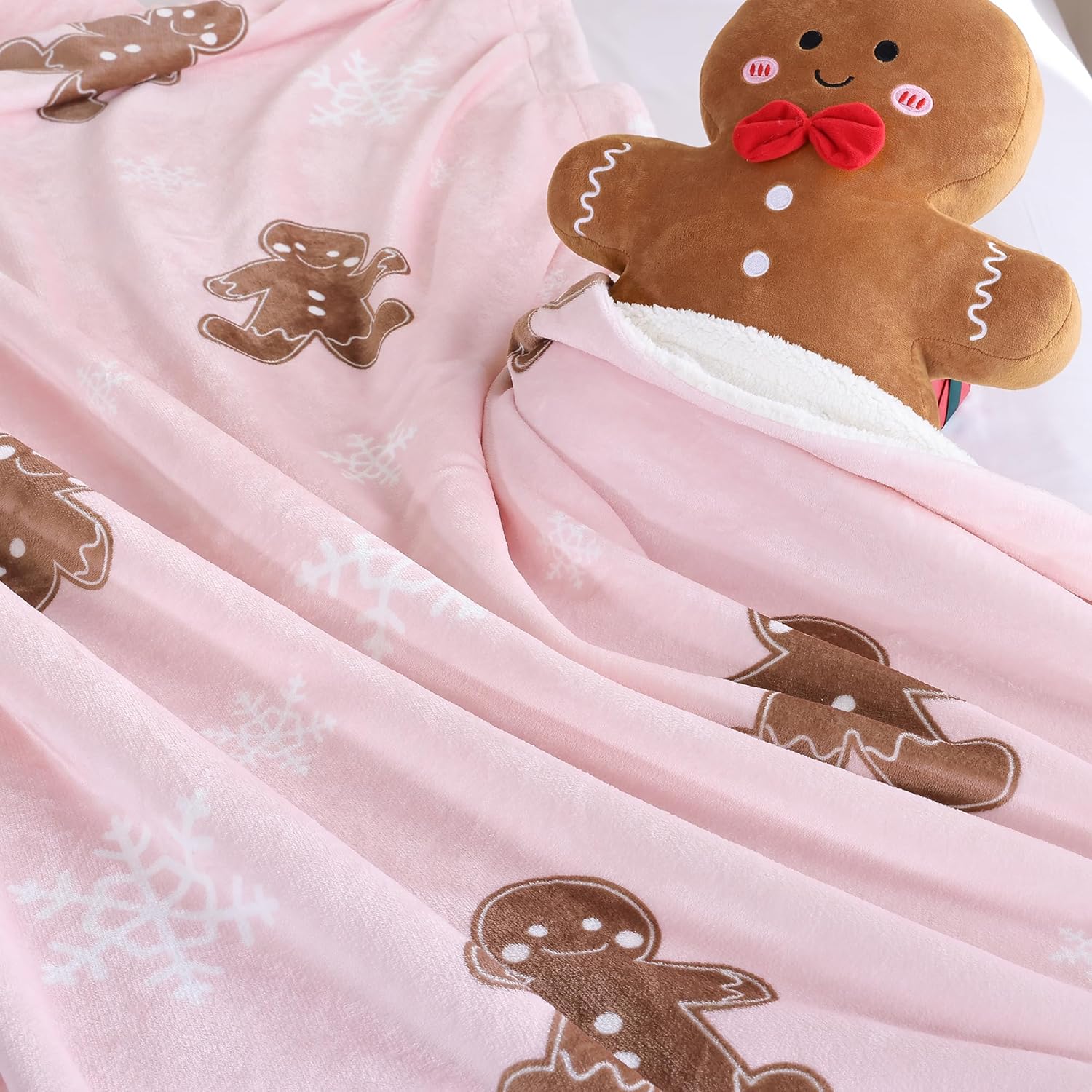 Pink Throw Blanket - Christmas Fluffy Blanket with Gingerbread and Snowflake Pattern - Reversible Sherpa Fleece Soft Blanket - Cozy Lightweight Throw Blanket for Couch Bed Sofa, 50x60 Inches - Image 8