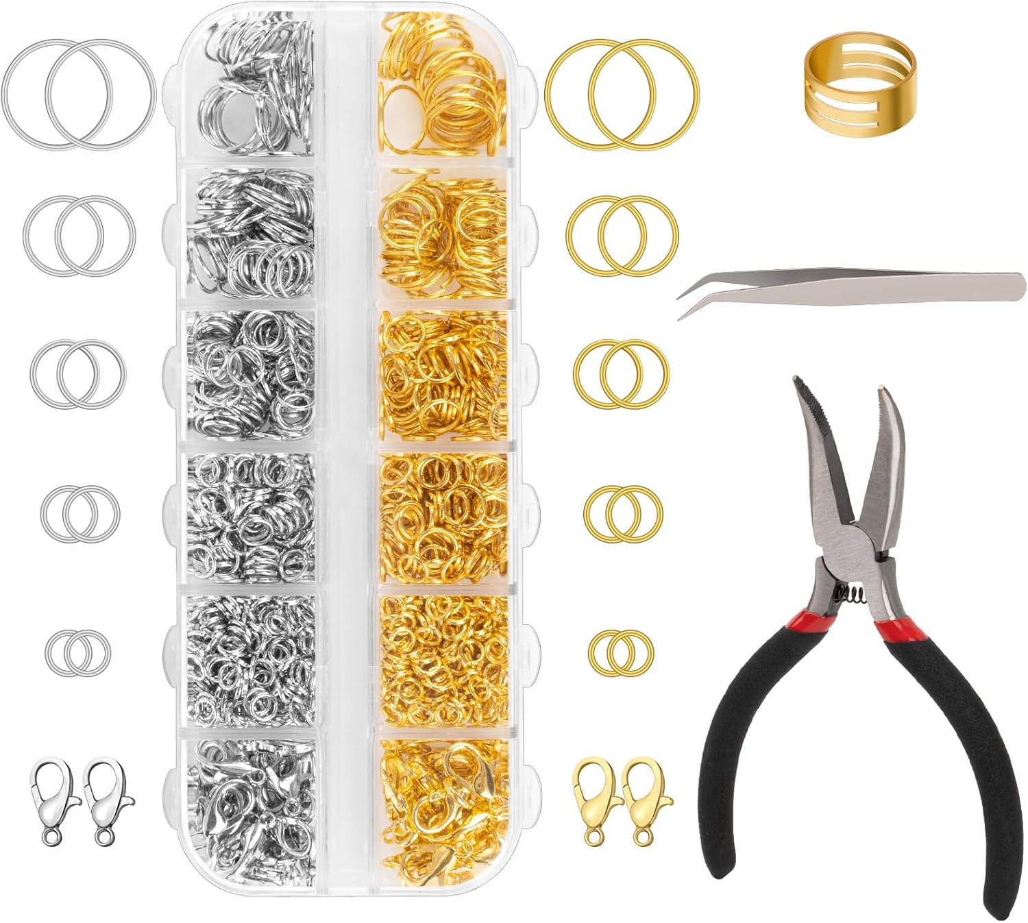1200 Pcs Jump Rings for Jewelry Making Supplies, Necklace Repair Kit with Open/Close Tools, Pliers, Tweezers, Lobster Clasps, Jewelry Jump Rings for Crafts and Key Chains (Silver and Gold) - Image 1
