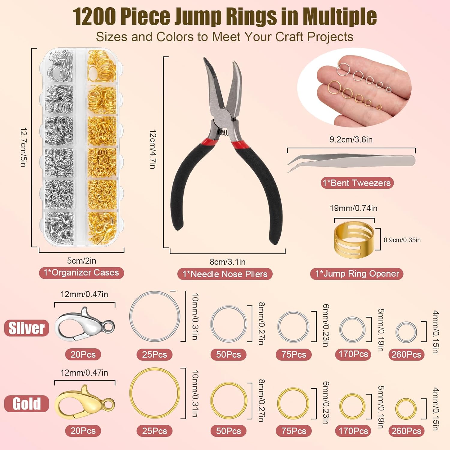 1200 Pcs Jump Rings for Jewelry Making Supplies, Necklace Repair Kit with Open/Close Tools, Pliers, Tweezers, Lobster Clasps, Jewelry Jump Rings for Crafts and Key Chains (Silver and Gold) - Image 2