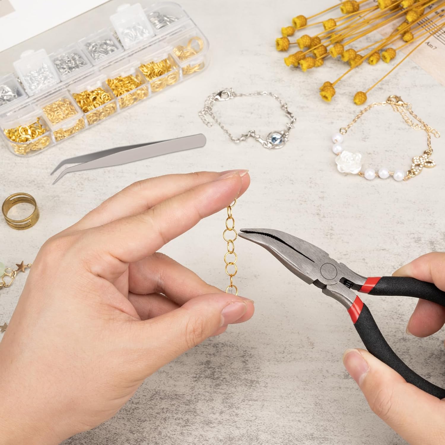 1200 Pcs Jump Rings for Jewelry Making Supplies, Necklace Repair Kit with Open/Close Tools, Pliers, Tweezers, Lobster Clasps, Jewelry Jump Rings for Crafts and Key Chains (Silver and Gold) - Image 6