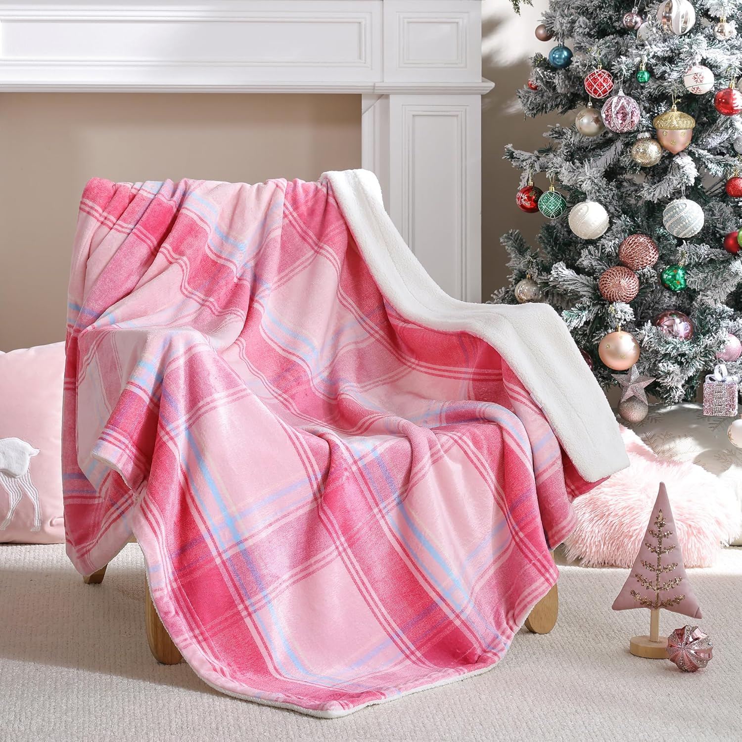 Christmas Plaid Pink Blanket - Soft Sherpa & Flannel Throw Blanket for Couch and Bed, Lightweight Cozy Checkered Fleece Blanket 50x60 Inches - Classic Buffalo Style for Christmas Decor - Image 1