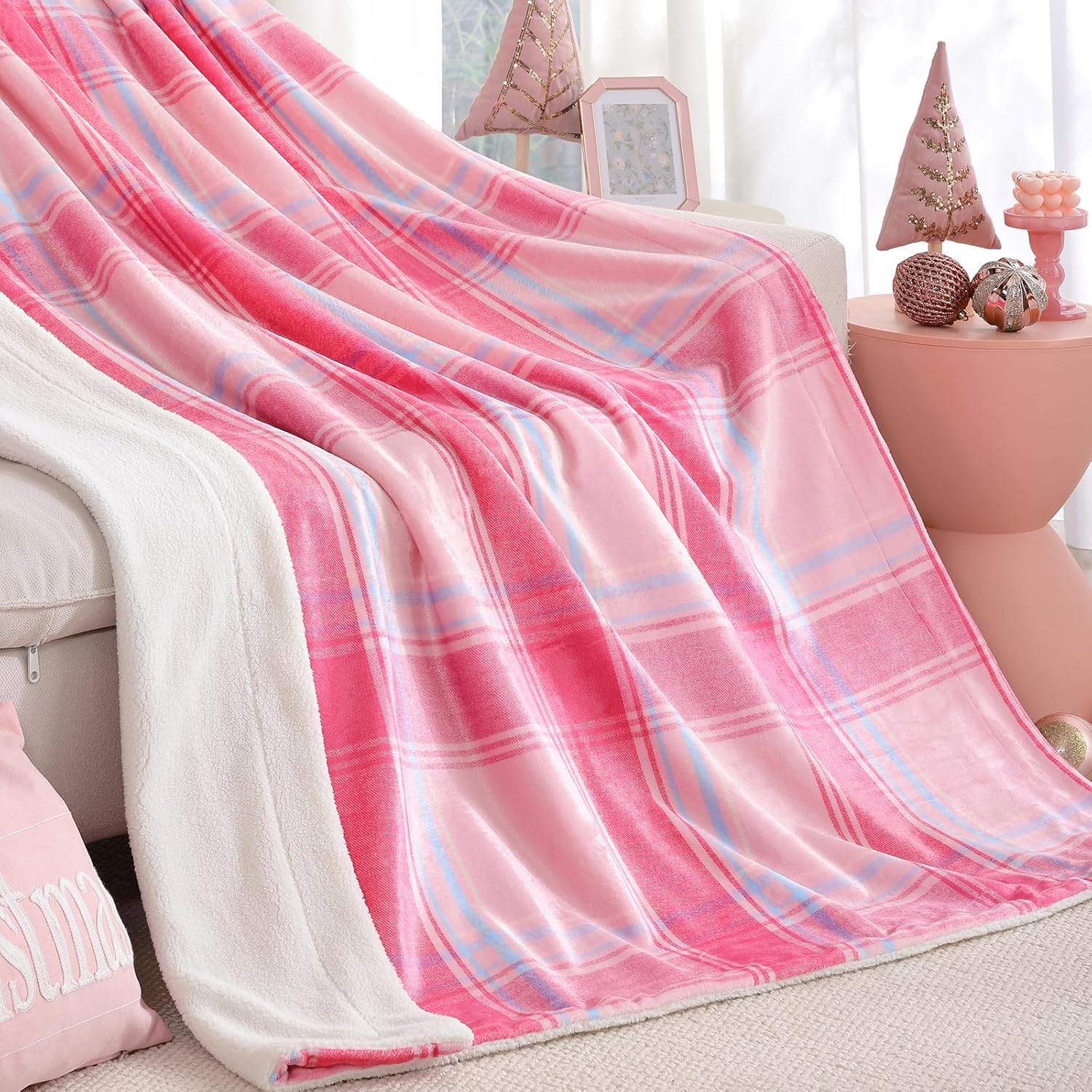 Christmas Plaid Pink Blanket - Soft Sherpa & Flannel Throw Blanket for Couch and Bed, Lightweight Cozy Checkered Fleece Blanket 50x60 Inches - Classic Buffalo Style for Christmas Decor - Image 2