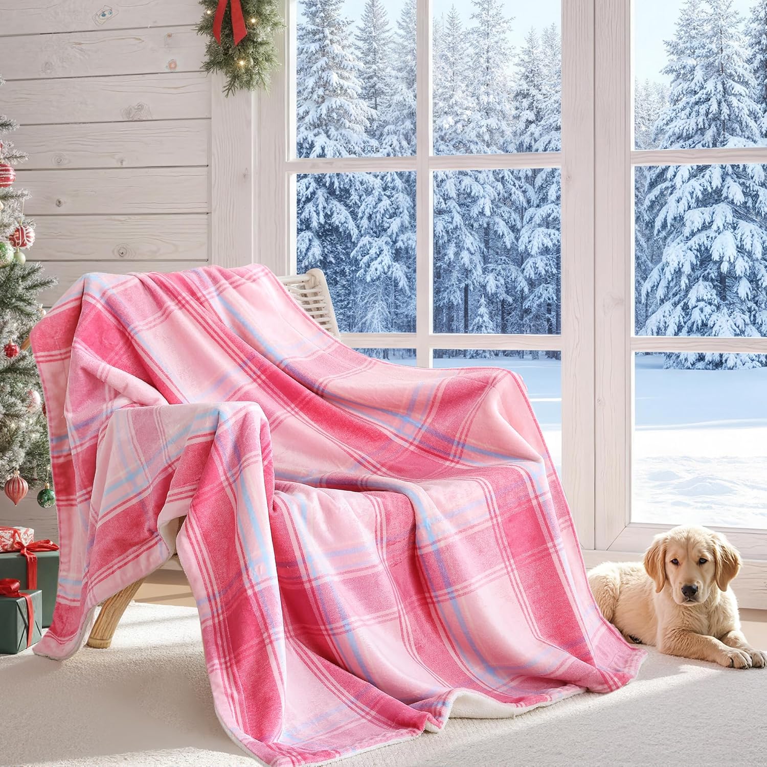 Christmas Plaid Pink Blanket - Soft Sherpa & Flannel Throw Blanket for Couch and Bed, Lightweight Cozy Checkered Fleece Blanket 50x60 Inches - Classic Buffalo Style for Christmas Decor - Image 4