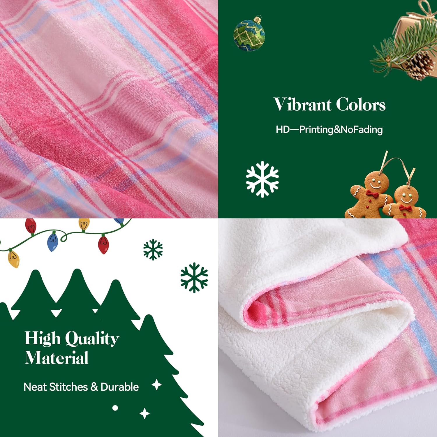 Christmas Plaid Pink Blanket - Soft Sherpa & Flannel Throw Blanket for Couch and Bed, Lightweight Cozy Checkered Fleece Blanket 50x60 Inches - Classic Buffalo Style for Christmas Decor - Image 5