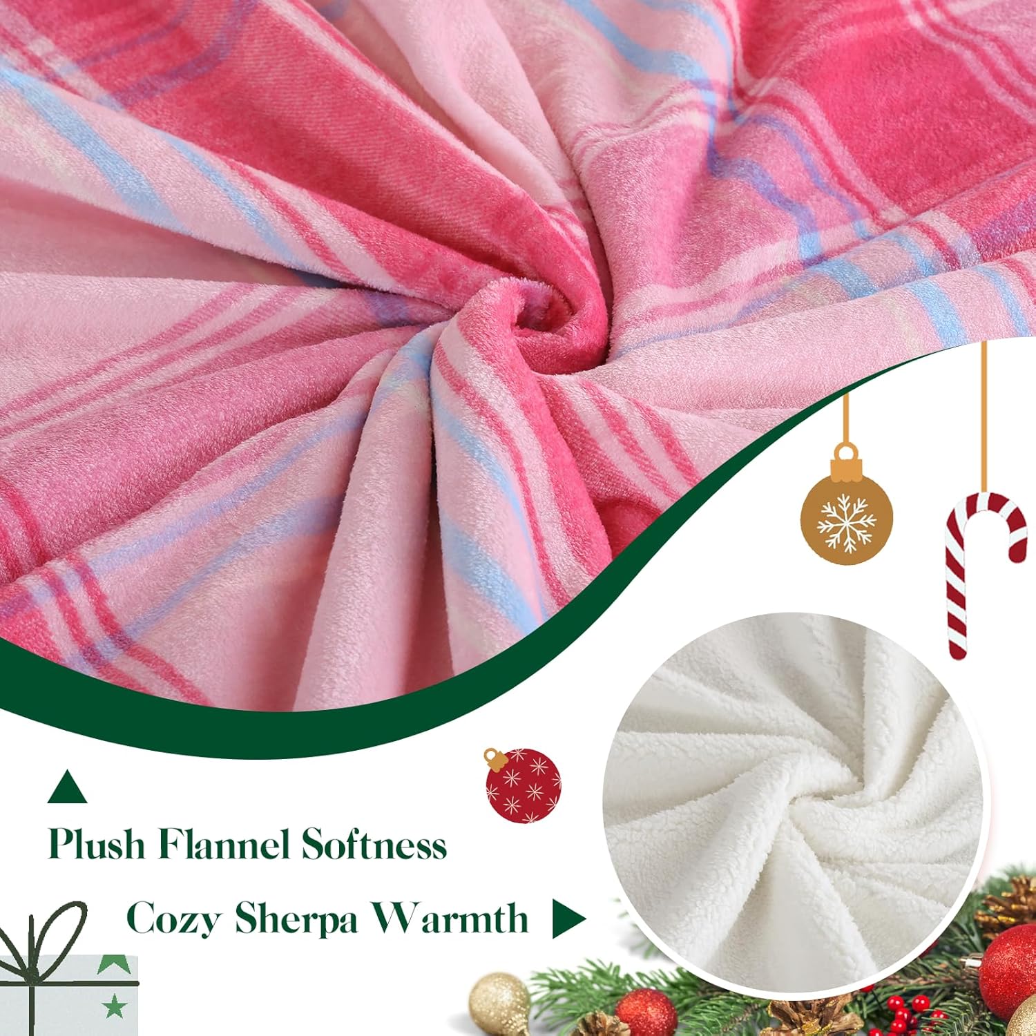Christmas Plaid Pink Blanket - Soft Sherpa & Flannel Throw Blanket for Couch and Bed, Lightweight Cozy Checkered Fleece Blanket 50x60 Inches - Classic Buffalo Style for Christmas Decor - Image 7