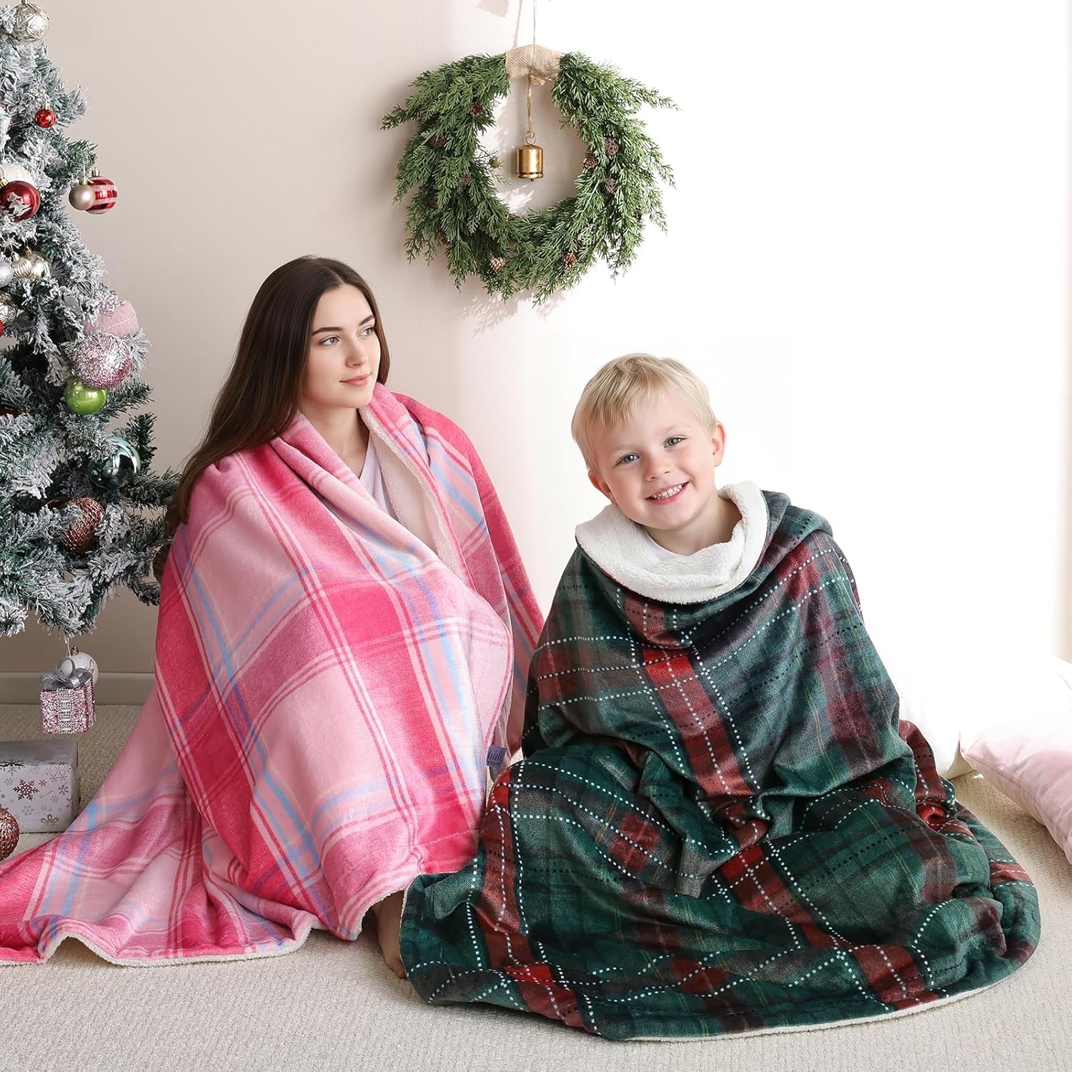Christmas Plaid Pink Blanket - Soft Sherpa & Flannel Throw Blanket for Couch and Bed, Lightweight Cozy Checkered Fleece Blanket 50x60 Inches - Classic Buffalo Style for Christmas Decor - Image 8