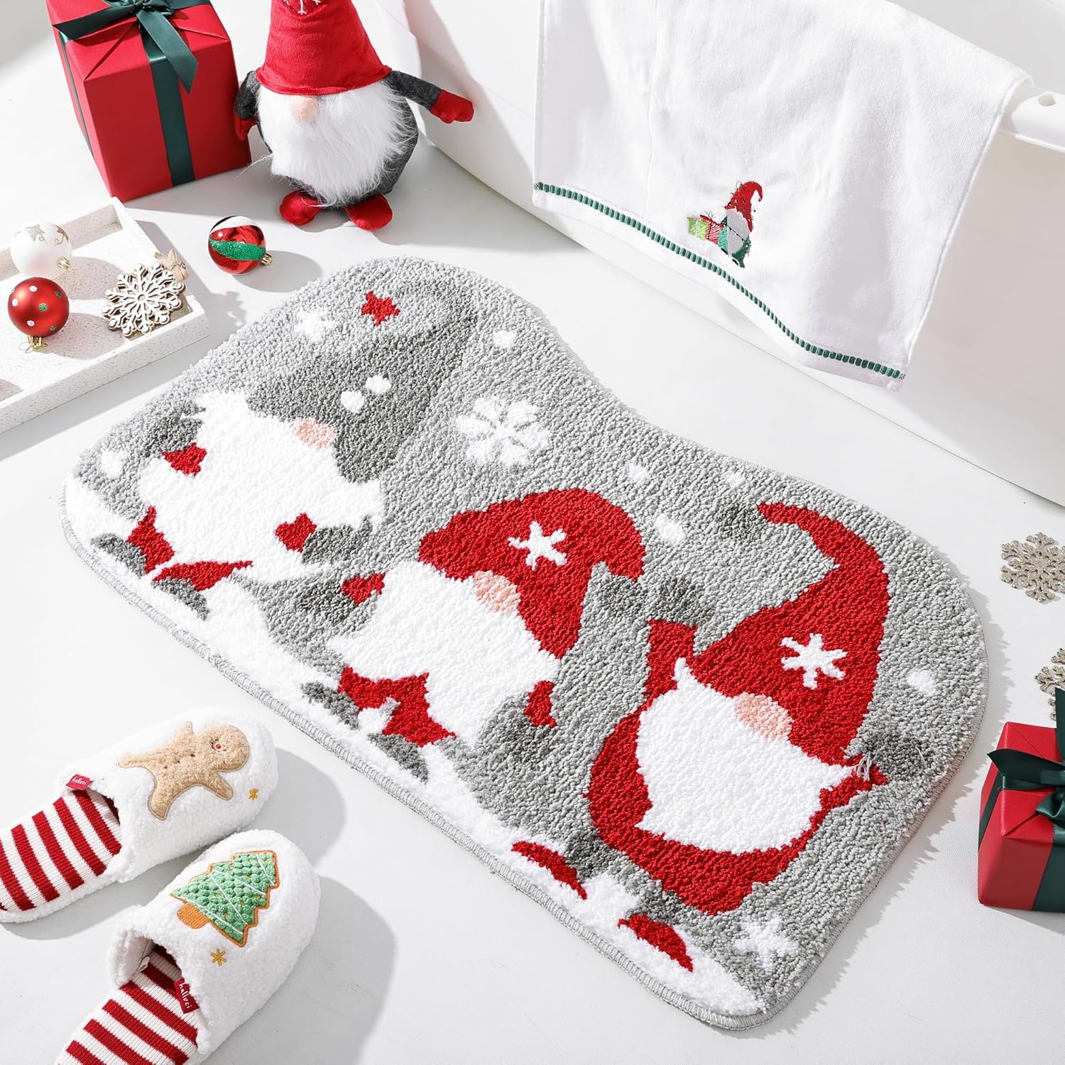 Bathroom Rugs Grey Christmas Rug with Tomte Cute Bath Mat Xmas Washable Kitchen Rugs for Living Room and Bedroom Non Slip - Image 4