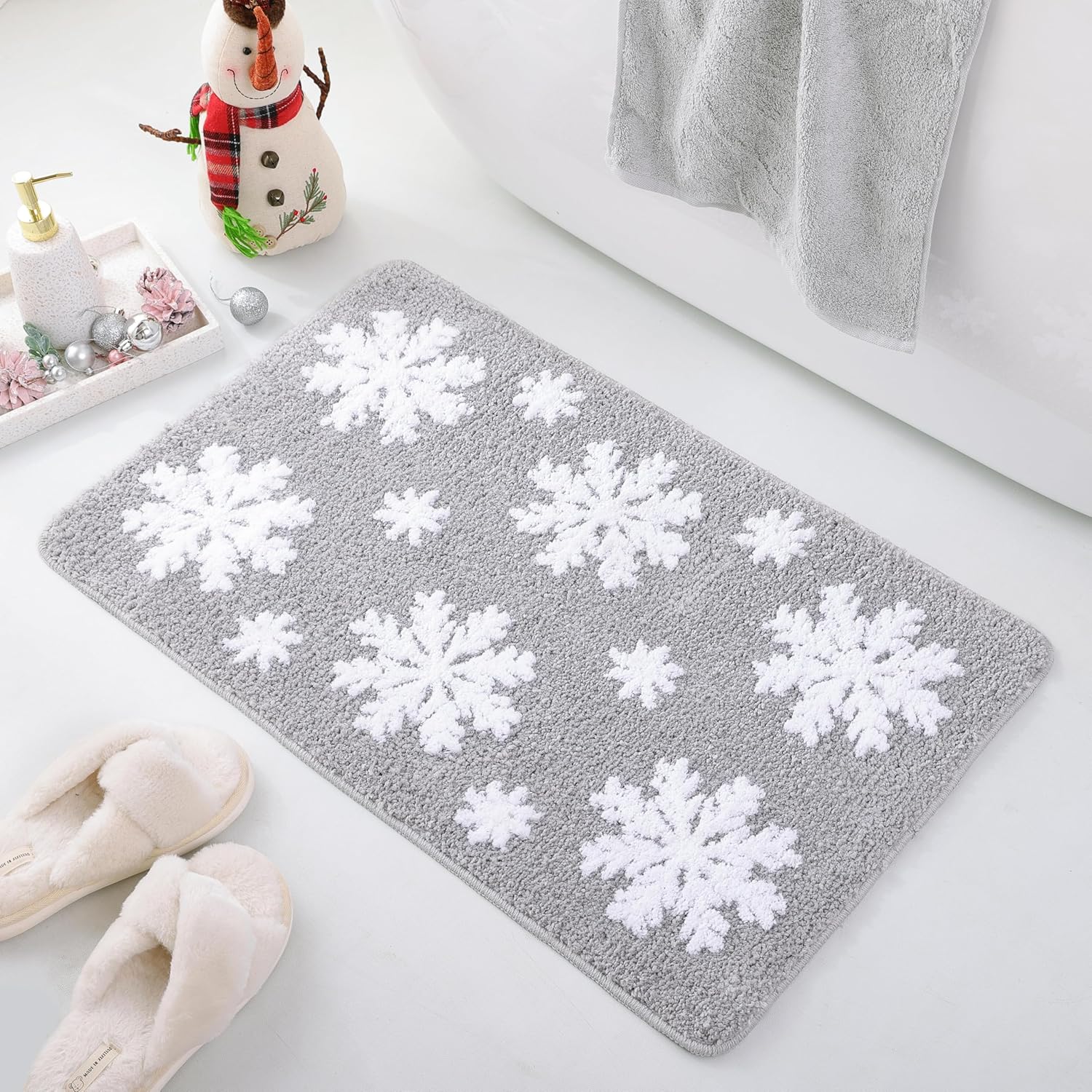 Christmas Grey Snowflake Bath Mat for Bathroom - Cute Absorbent Washable Bathroom Rugs with Non Slip Backing - Fun Snowflake Bathroom Mat for Christmas Decorations - Image 1