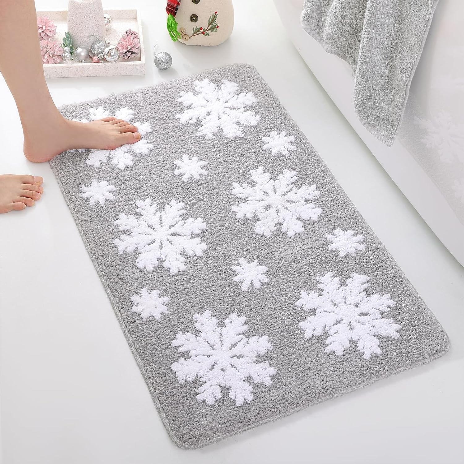 Christmas Grey Snowflake Bath Mat for Bathroom - Cute Absorbent Washable Bathroom Rugs with Non Slip Backing - Fun Snowflake Bathroom Mat for Christmas Decorations - Image 3