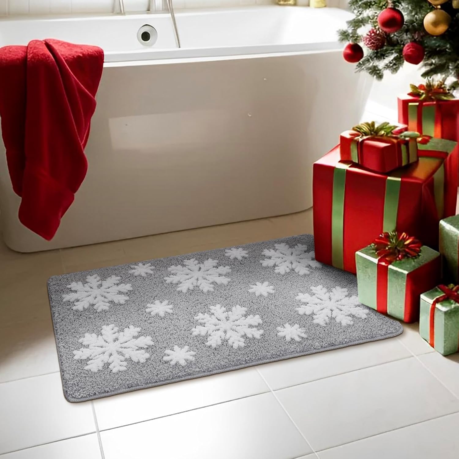 Christmas Grey Snowflake Bath Mat for Bathroom - Cute Absorbent Washable Bathroom Rugs with Non Slip Backing - Fun Snowflake Bathroom Mat for Christmas Decorations - Image 5