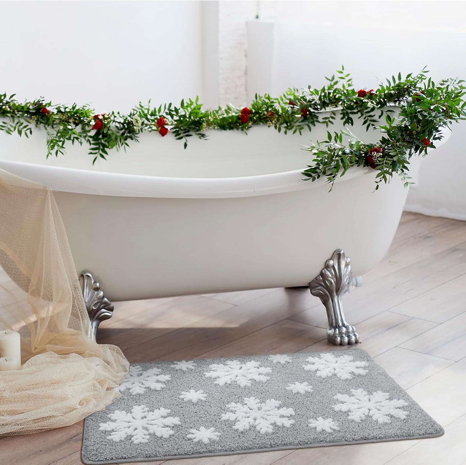 Christmas Grey Snowflake Bath Mat for Bathroom - Cute Absorbent Washable Bathroom Rugs with Non Slip Backing - Fun Snowflake Bathroom Mat for Christmas Decorations - Image 6