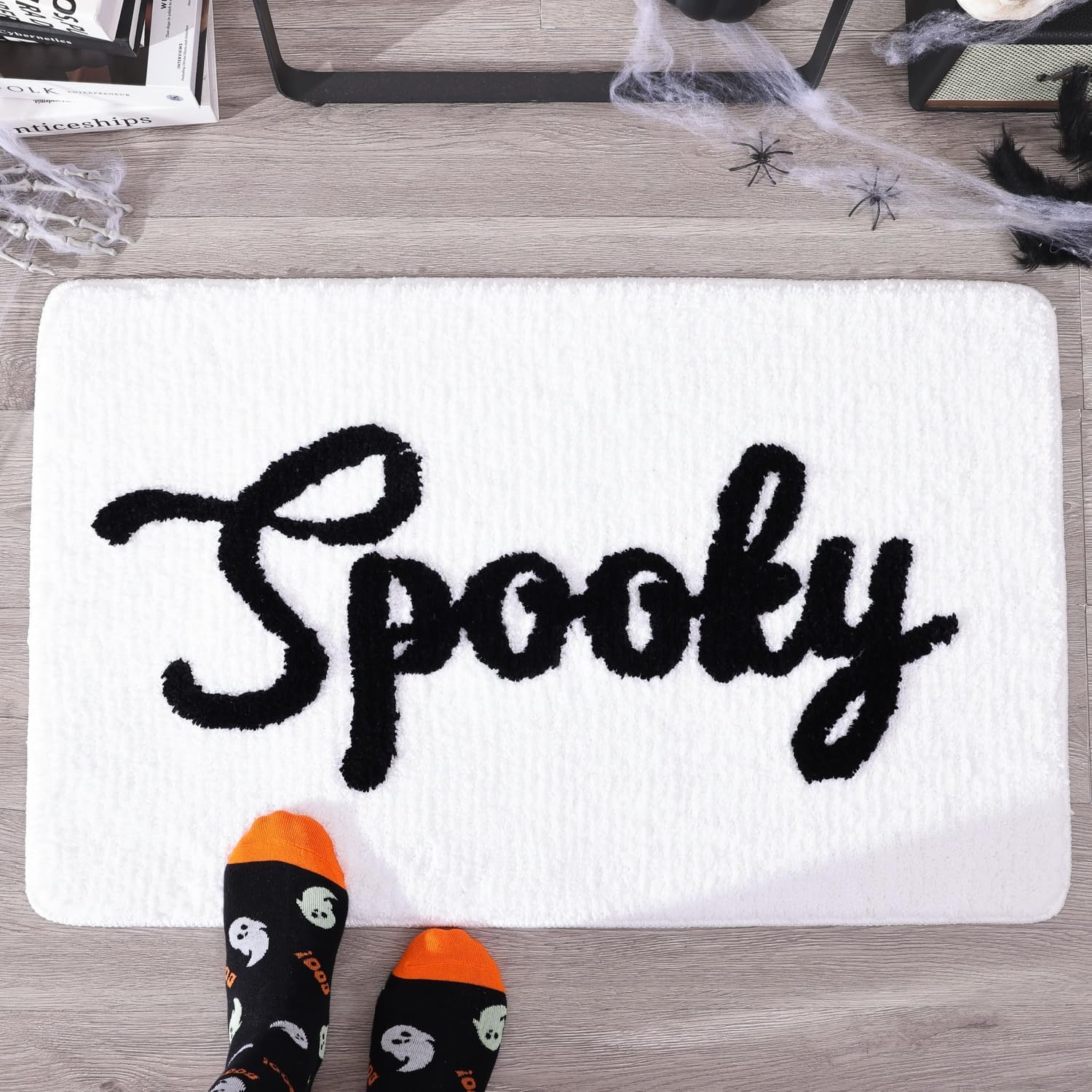 Halloween Bath Mat Cute Spooky White Black Bathroom Decor Rug Non Slip, Spooky Halloween Shower Rugs for Bathroom, Bedroom, Living Home Decoration - Image 1