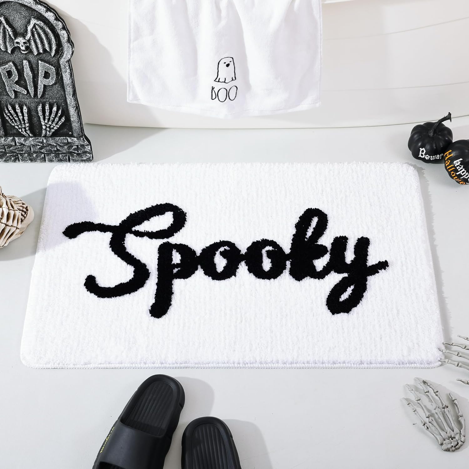 Halloween Bath Mat Cute Spooky White Black Bathroom Decor Rug Non Slip, Spooky Halloween Shower Rugs for Bathroom, Bedroom, Living Home Decoration - Image 3