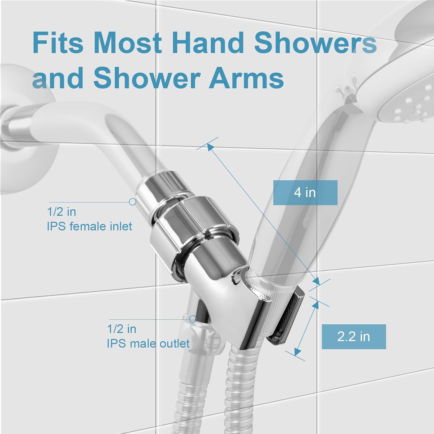Shower Head Holder for Handheld Shower Head, Adjustable Shower Arm Mount for Connecting Shower Arm and Shower Hose, 1/2 Inch IPS Female Inlet and Male Outlet, Chrome Finish - Image 2