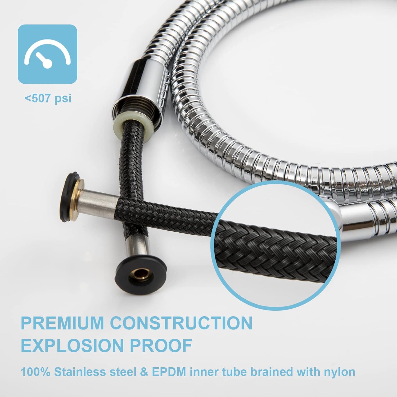 Shower Hose, 48 Inch Bidet Hose High Pressure Explosion Proof Toilet Hose for Bidet Sprayer Stainless Steel Electroplating Handheld Shower Hose Flex Hoses with Woven Inner Tube, Chrome - Image 2