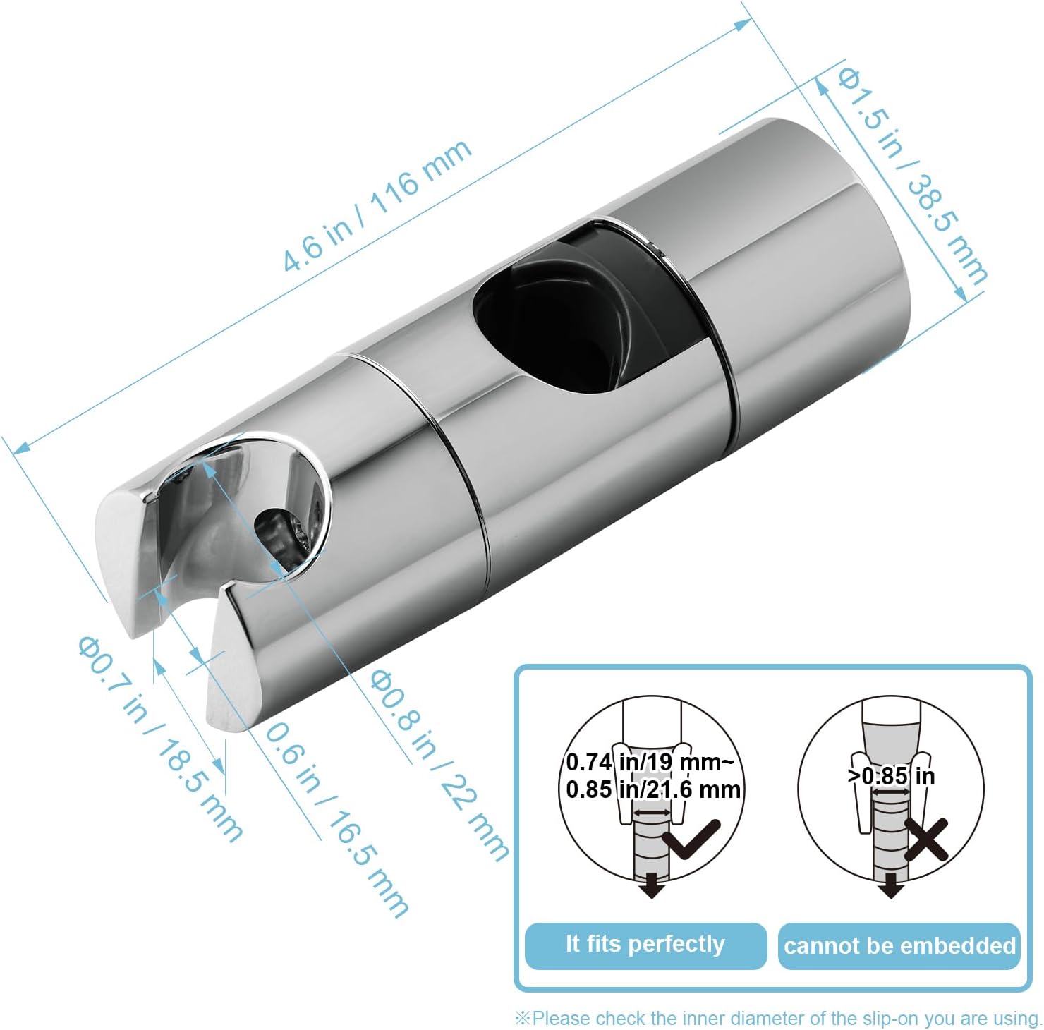 Shower Head Holder, Adjustable 0.75-1.00 in(19-25 mm) Diameter Hand Shower Holder Bracket for Slide Bar, Detachable Slider Clamp Bathroom Replacement, 360 Degree Rotation Sprayer Holder, Chrome - Image 2