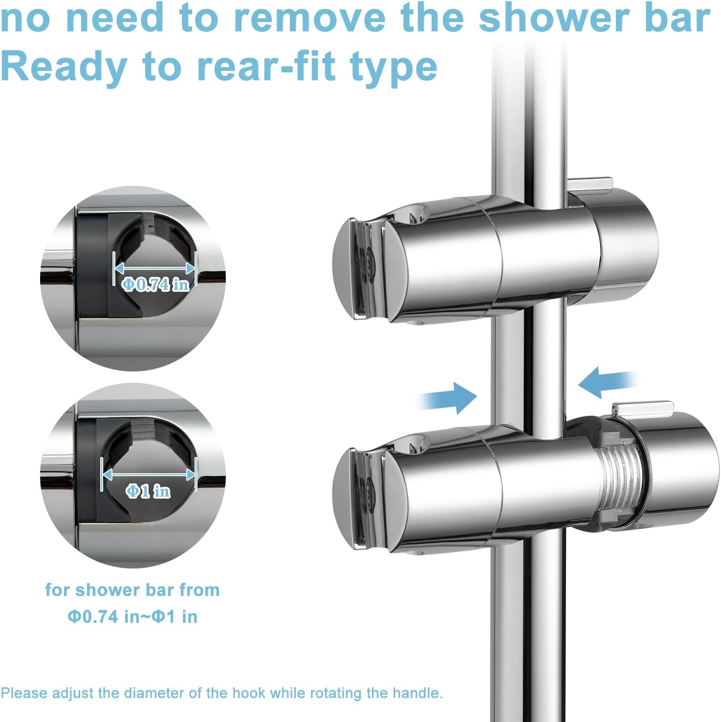 Shower Head Holder, Adjustable 0.75-1.00 in(19-25 mm) Diameter Hand Shower Holder Bracket for Slide Bar, Detachable Slider Clamp Bathroom Replacement, 360 Degree Rotation Sprayer Holder, Chrome - Image 3