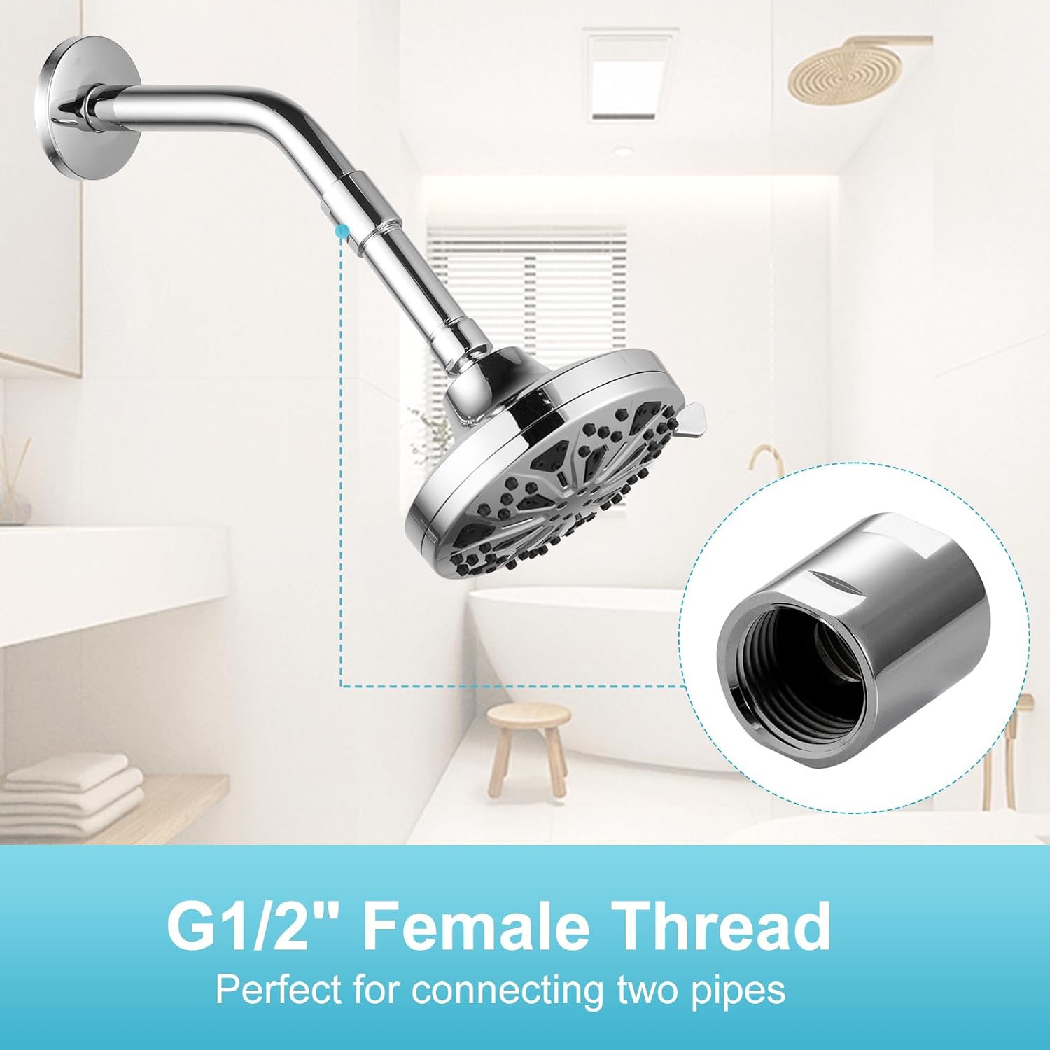 Shower Pipe Fitting, Brass Converter Adapter, G1/2 x G1/2 in Female Thread Shower Coupling for Shower Arm Home Bathroom Plumbing, Chrome - Image 5