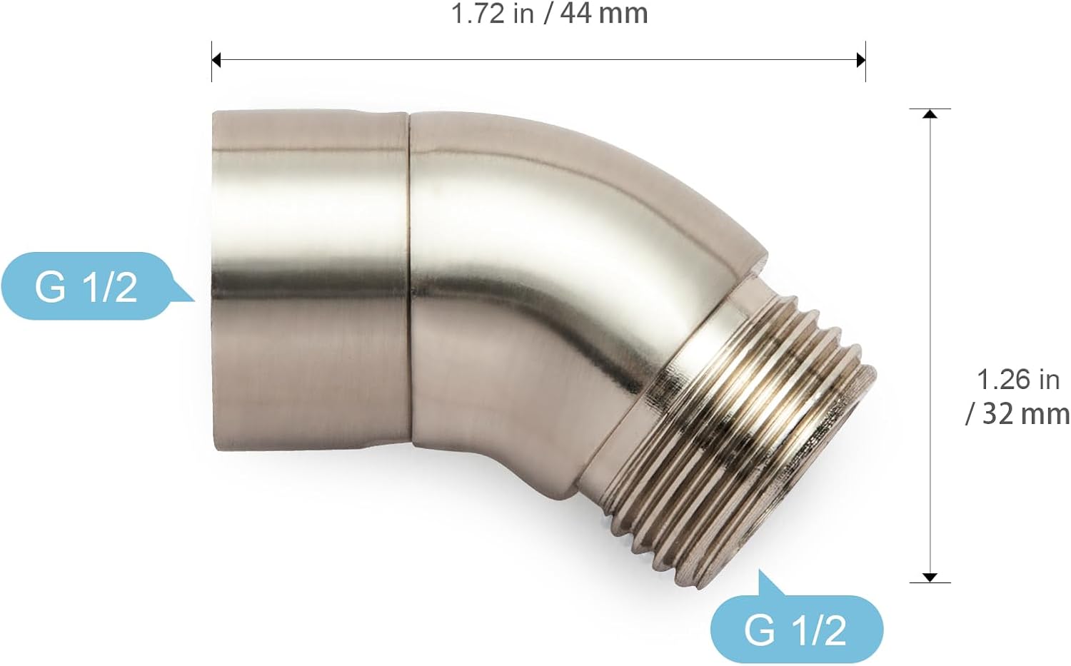Shower Head Elbow Adapter, Brushed Nickel All Metal Handheld Shower Head Elbow Adapter Shower Arm Angle Adapter 135 Degrees - Image 2
