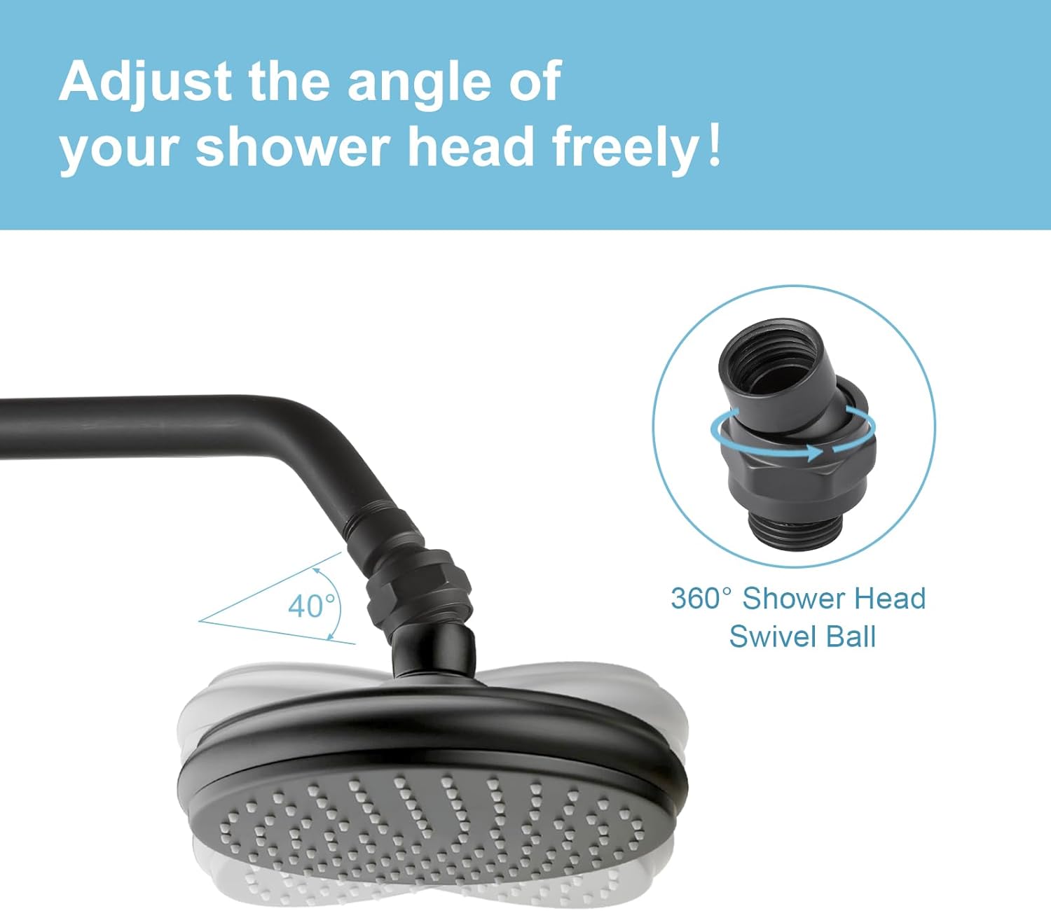 Shower Head Swivel Ball Adapter, All Metal Adjustable Shower Arm Extension Connector Universal Showering Component Solid Brass, Matte Black - Image 2