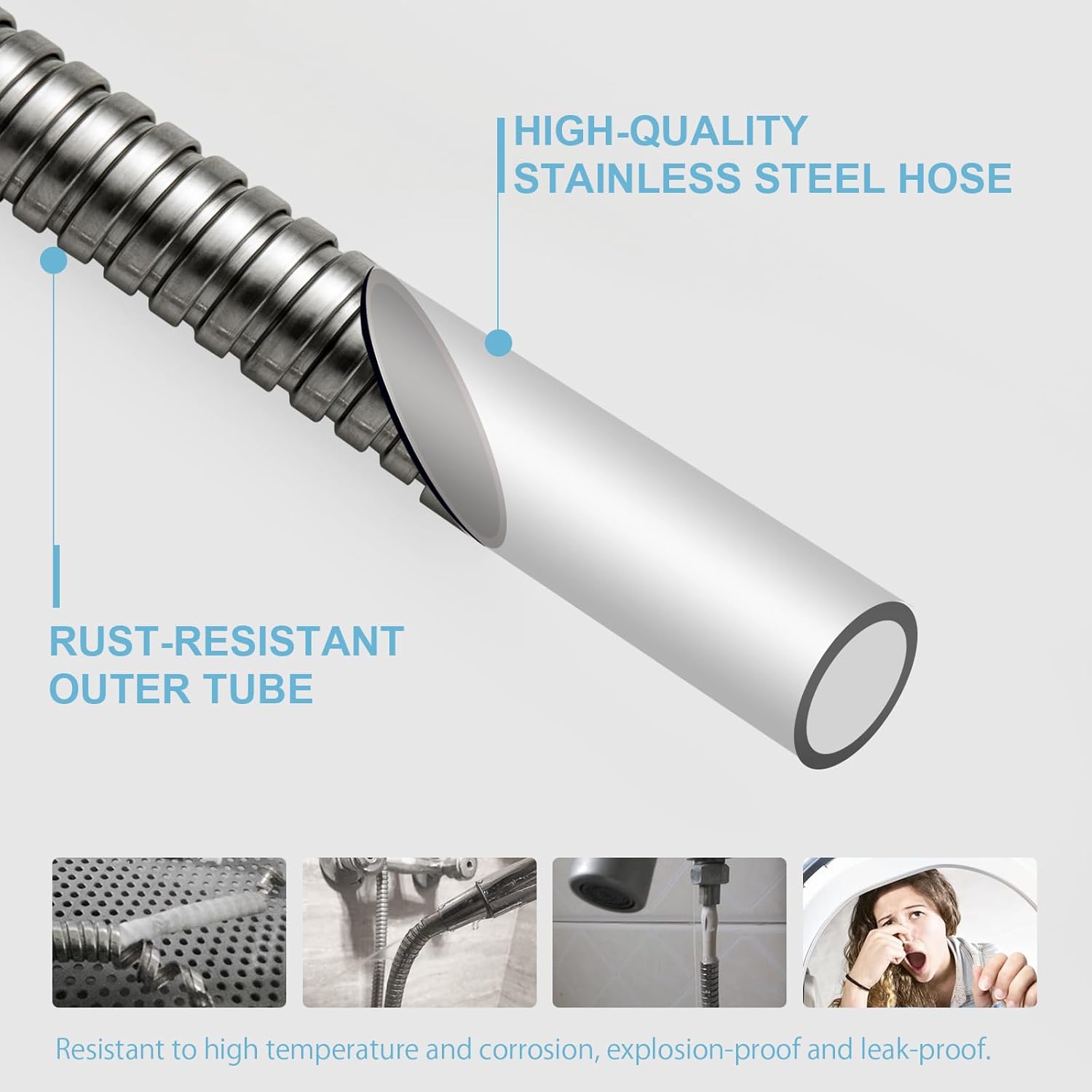 Shower Hose, 120 in Kink Free Stainless Steel Extra Long Shower Hose Replacement, Flexible Handheld Shower Head Hose Extension for Pet Bathing Cleaning, Nickel Gray - Image 3