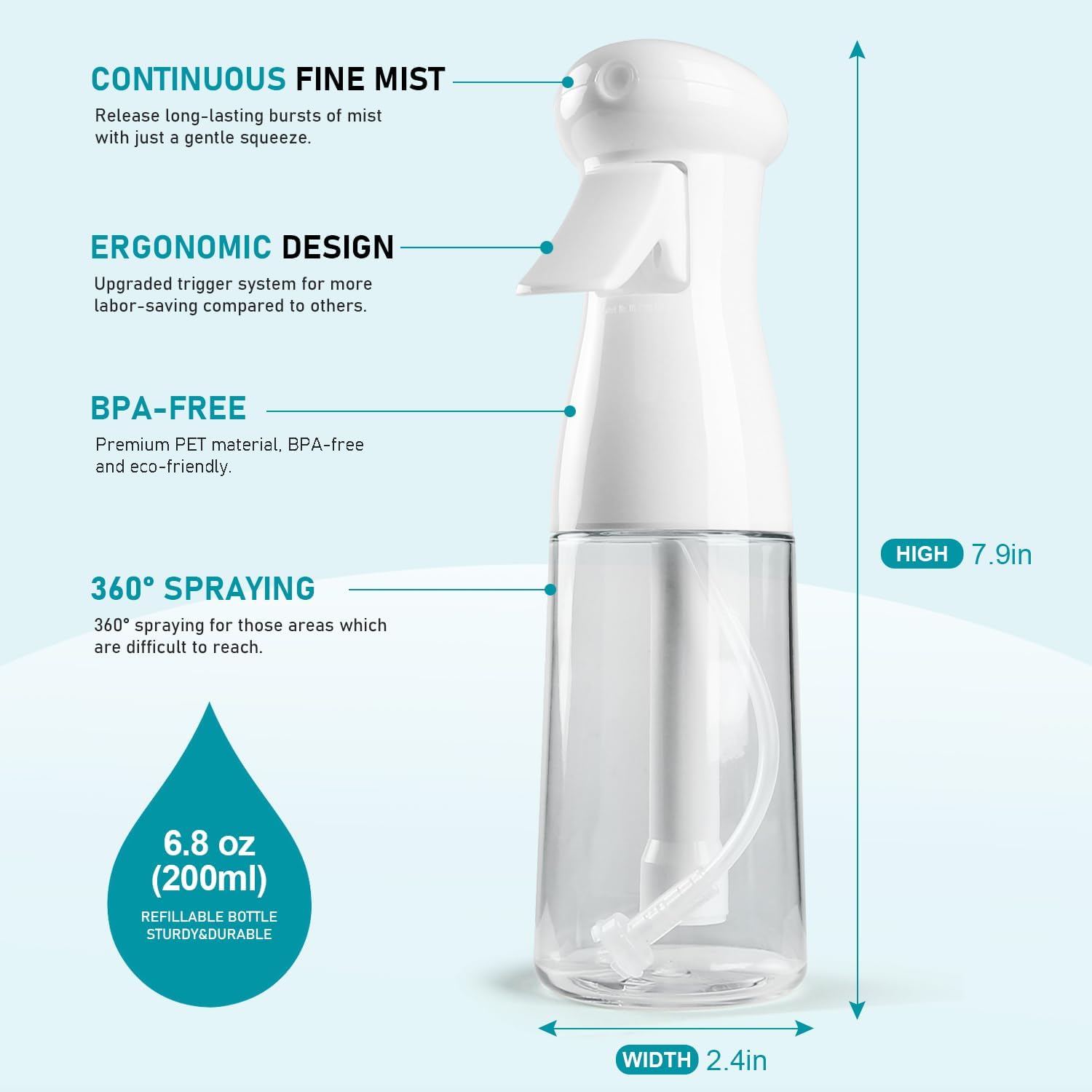 Spray Bottle For Hair, Continuous Mister Empty Spray Bottles, Ultra Fine Mist Water Sprayer for Hairstyling, Cleaning, Plants, Pets, Barbers, Salons, Essential Oil Scents - 2 Pack 6.8 OZ - Image 7