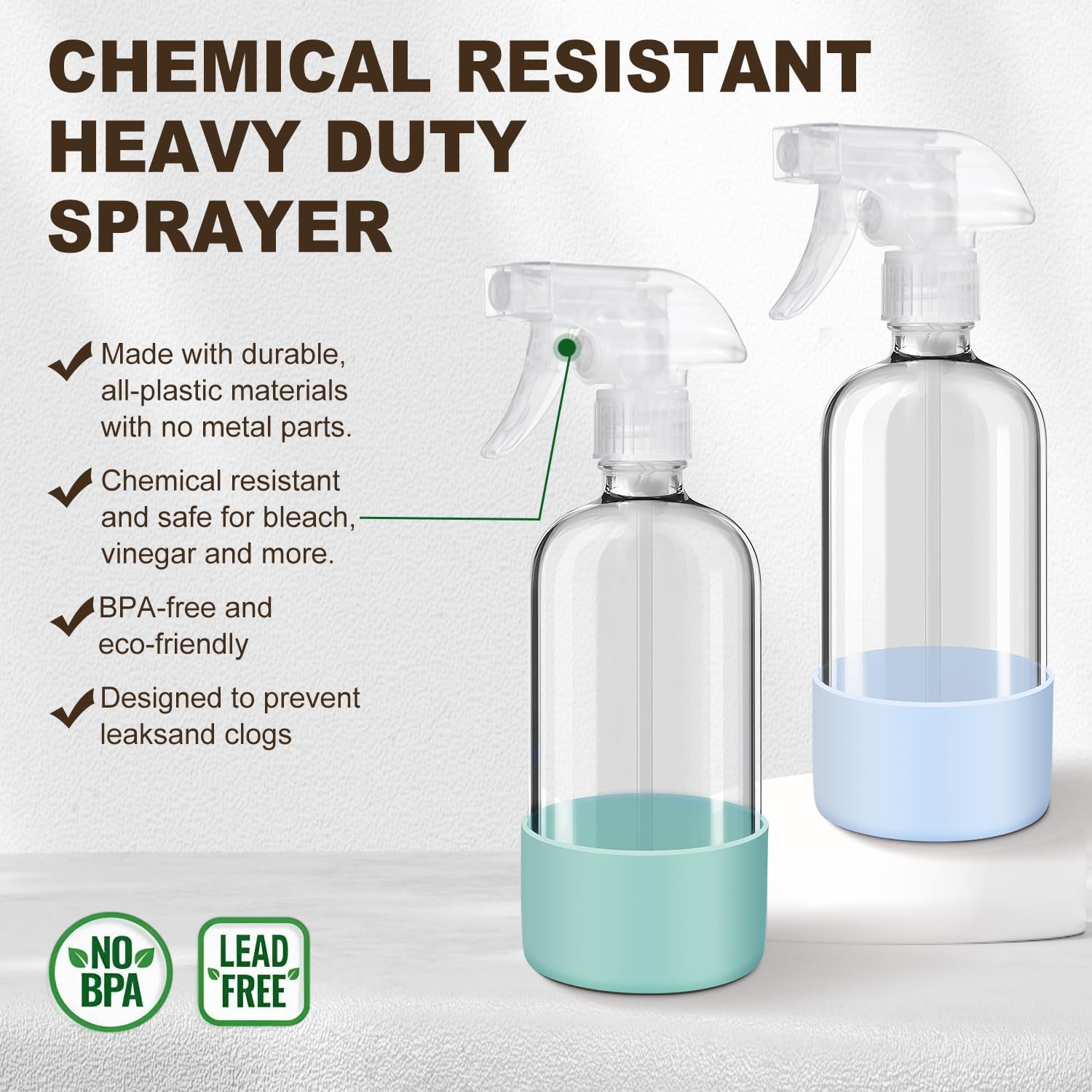 Glass Spray Bottles with Silicone Sleeves (2 Pack, 16 oz), Mist and Stream Empty Refillable Containers, Water Sprayer Misting Bottle for Cleaning Solutions, Planting, Hair Spraying, Green & Grey - Image 3