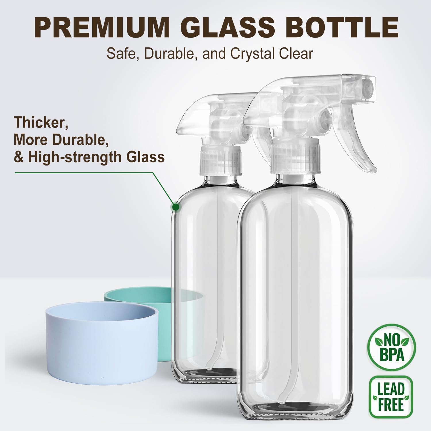 Glass Spray Bottles with Silicone Sleeves (2 Pack, 16 oz), Mist and Stream Empty Refillable Containers, Water Sprayer Misting Bottle for Cleaning Solutions, Planting, Hair Spraying, Green & Grey - Image 4