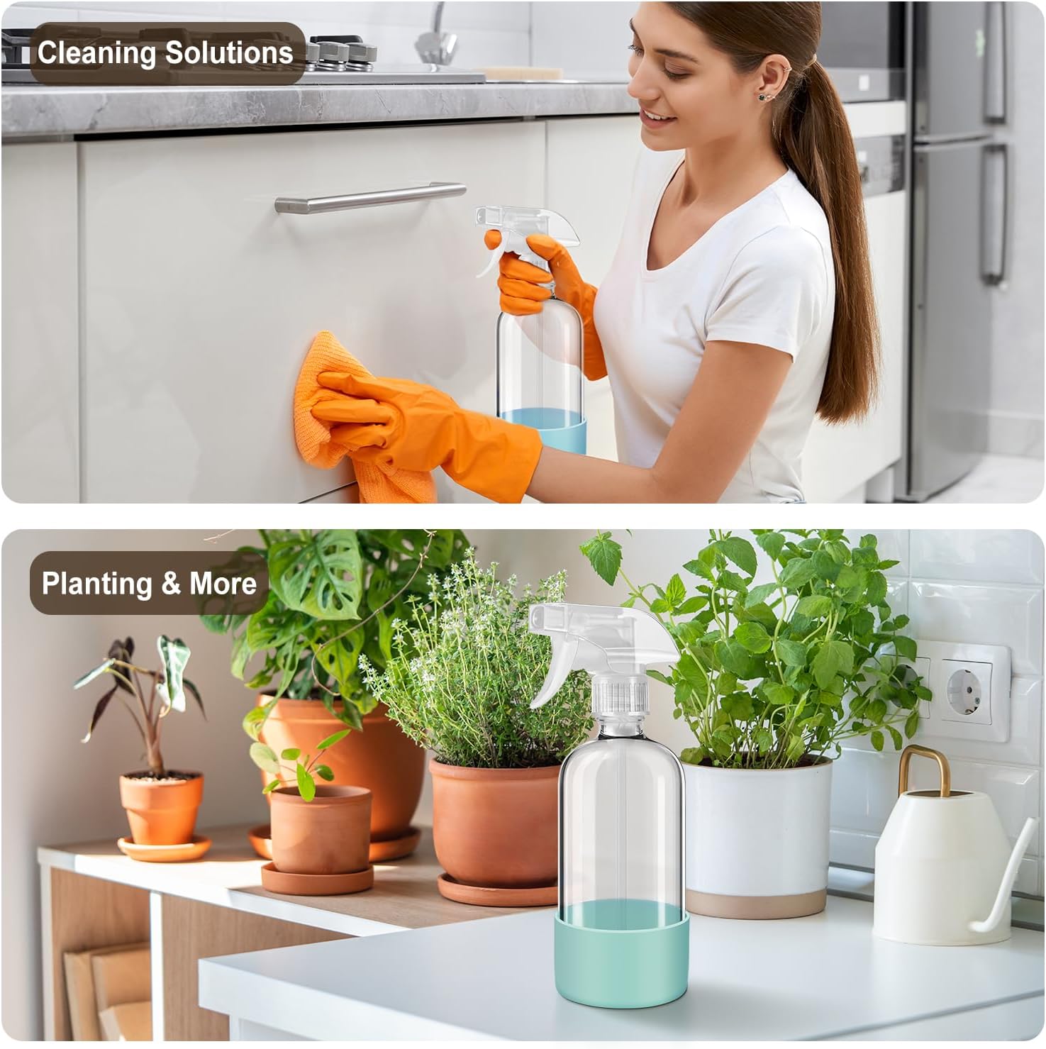 Glass Spray Bottles with Silicone Sleeves (2 Pack, 16 oz), Mist and Stream Empty Refillable Containers, Water Sprayer Misting Bottle for Cleaning Solutions, Planting, Hair Spraying, Green & Grey - Image 7