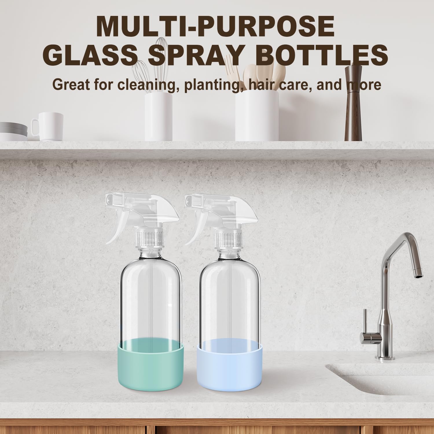 Glass Spray Bottles with Silicone Sleeves (2 Pack, 16 oz), Mist and Stream Empty Refillable Containers, Water Sprayer Misting Bottle for Cleaning Solutions, Planting, Hair Spraying, Green & Grey - Image 8