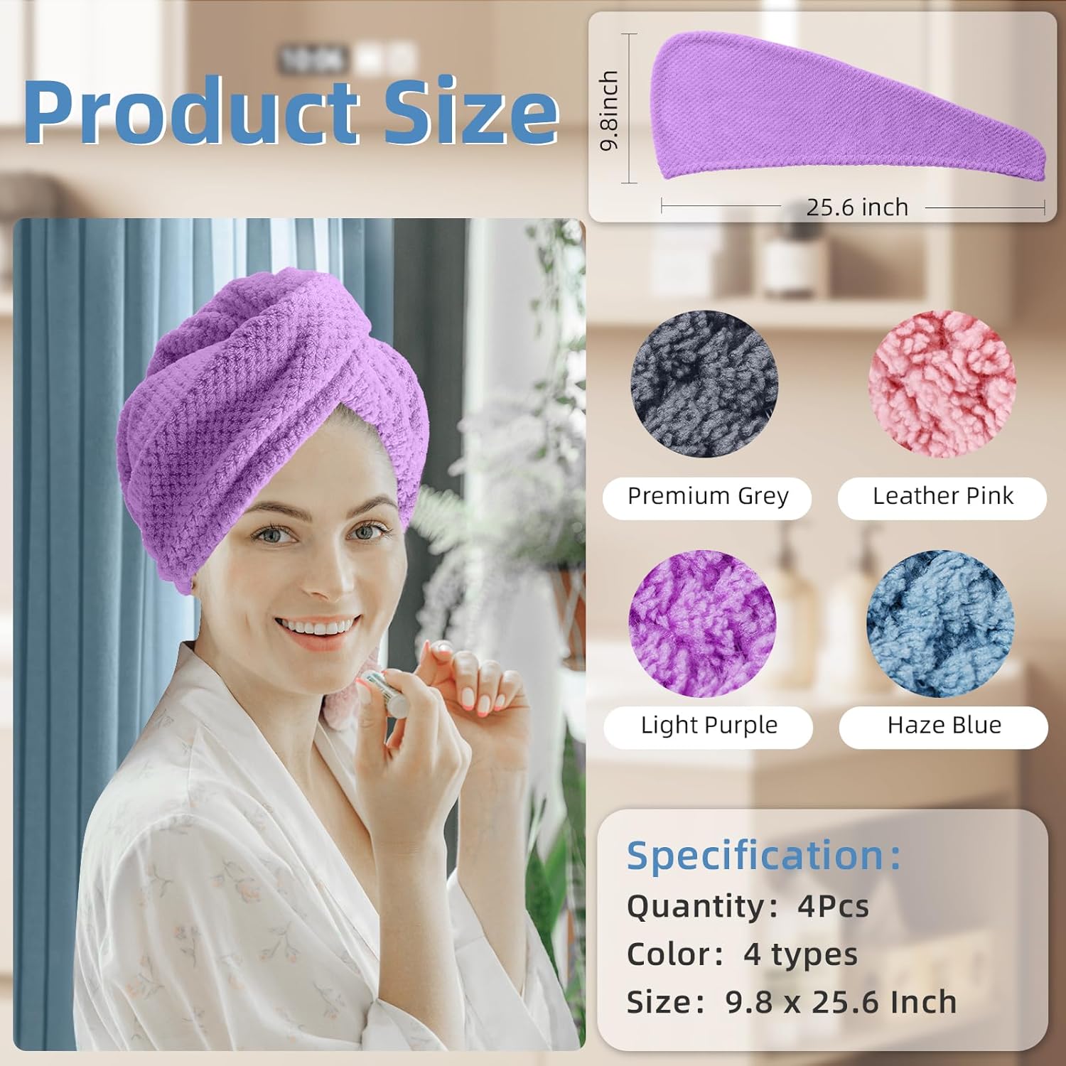 Hair Towel Wrap, 4 Packs 9.8 x 25.6 Inch Towel Turbans for Wet Hair, Dry Hair Towel, Headbands for Curly and Long Hair - Bathroom Must-Have for Ladies - Image 2
