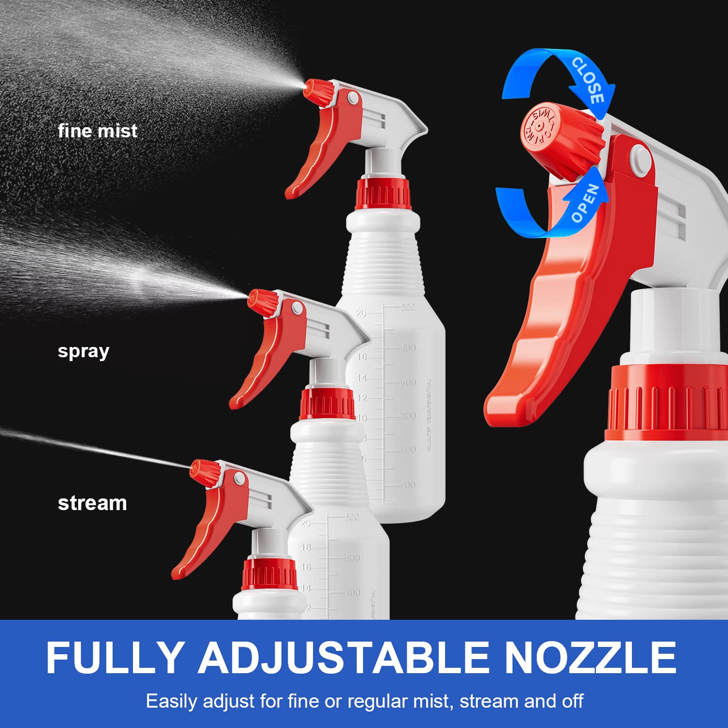 Spray Bottles (4 Pack, 24 Oz) Refillable Empty Plastic Water Spraying Bottle for Cleaning Solutions, Hair Spray, Car Detail, Watering Plants, Heavy Duty Mist Stream Sprayer with Measurement - Image 2